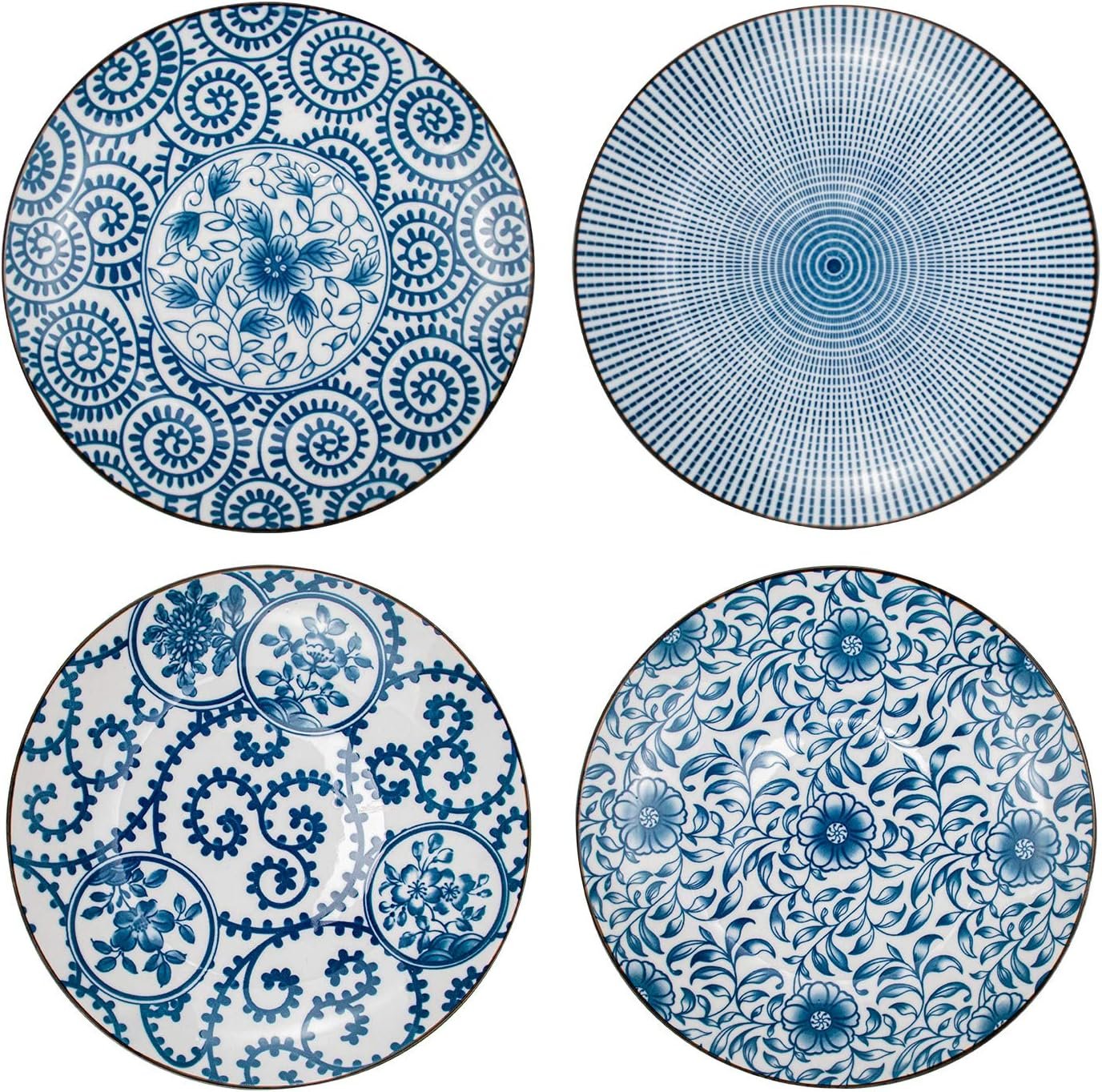 Foraineam Set of 4 Blue and White Porcelain Serving Plates Floral Dinner Shallow Plates Appetizer Salad Dessert Snack Plate Set
