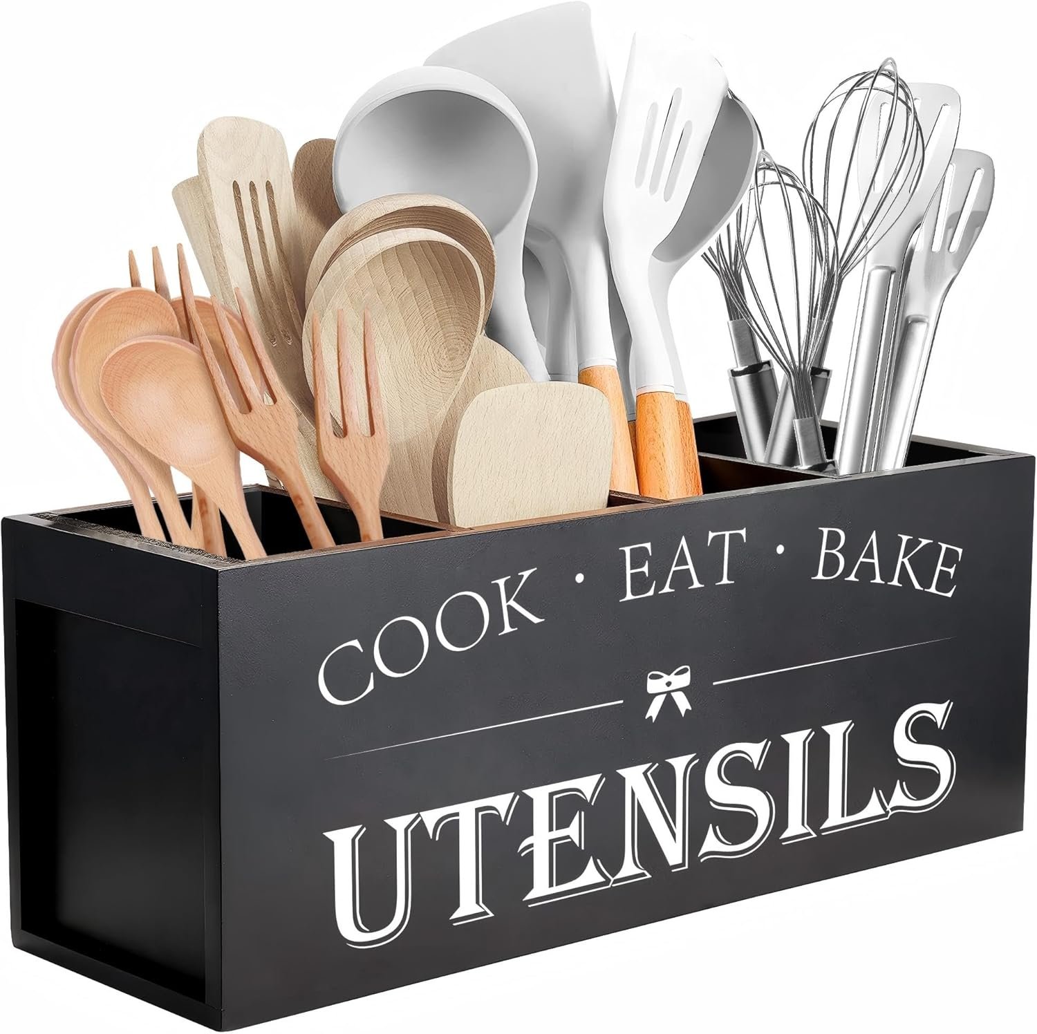Suli Extra Large Kitchen Utensils Holder with 4 Compartments, Wooden Utensil Organizer for Kitchen Countertop, Farmhouse Kitchen Decor, Rustic Cooking Utensil – Black