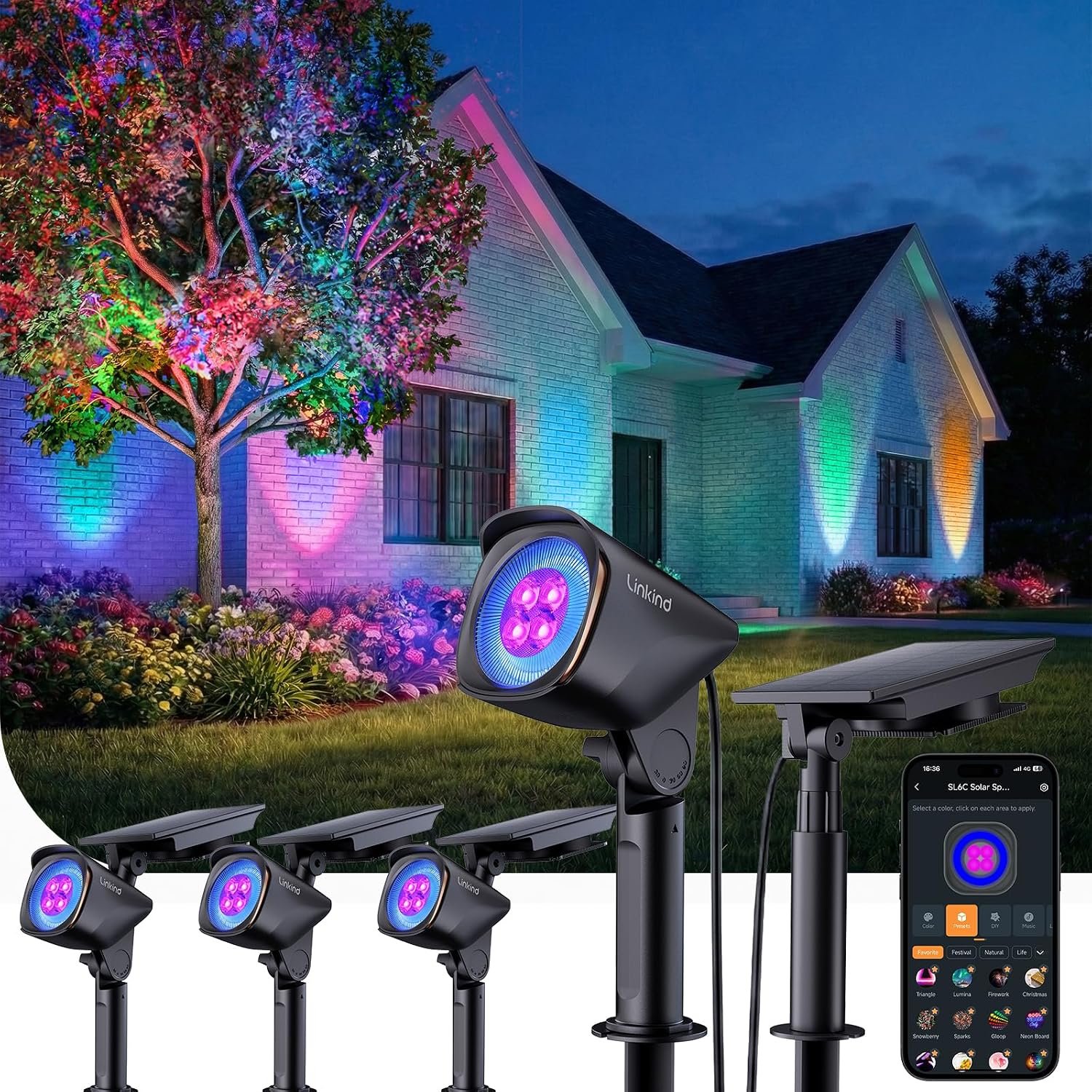 Linkind Smart Solar Lights Outdoor Waterproof SL6C, Dual-Ring Solar&USB Charging Solar Spotlights Outdoor Waterproof IP66, Color Changing Spot Light for Yard, Tree, Landscape, House, 4 Pack