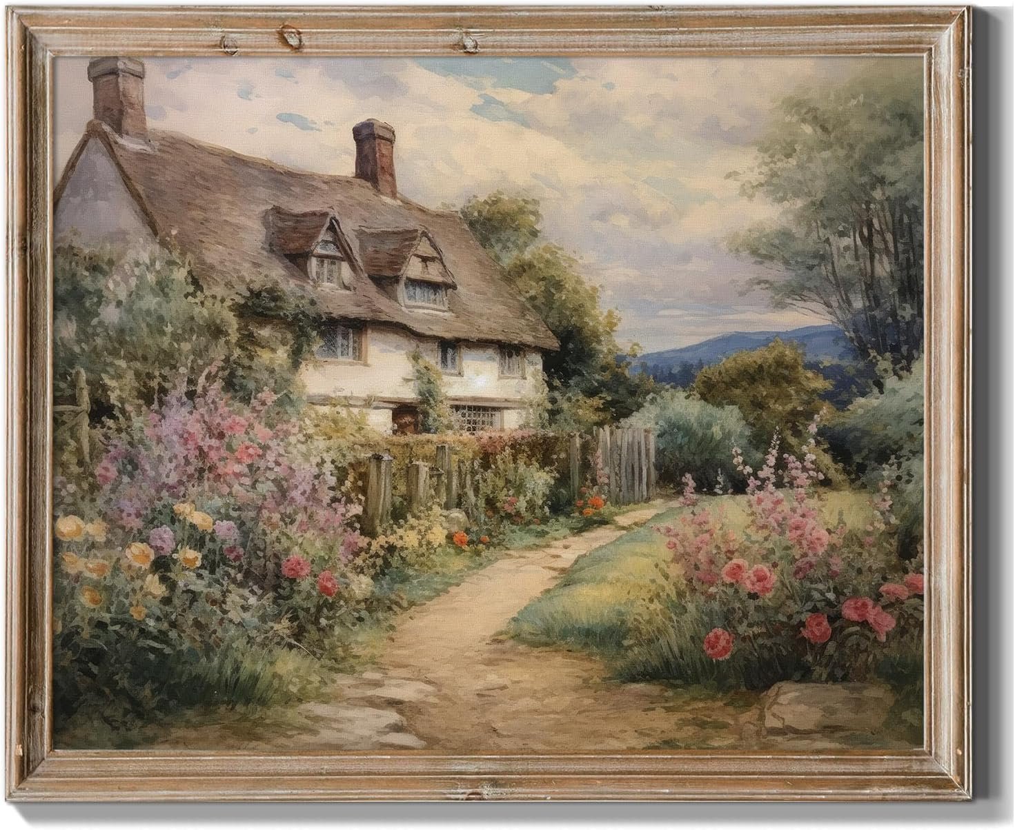 Vintage Landscape Art Prints Unframed Canvas Wall Art Rustic Cottage Garden Painting Country Wildflower Pictures Aesthetic Artwork for Bedroom Living Room Farmhouse Office Home Wall Decor, 8″x10″