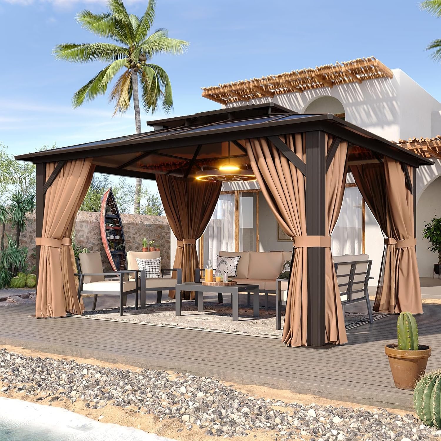 Aoxun 12’x10′ Hardtop Gazebo with Polycarbonate Double Roof, Brown | Metal Frame Outdoor Permanent Pavilion with Breathable Netting and Privacy Curtain for Garden, Lawns, Patio