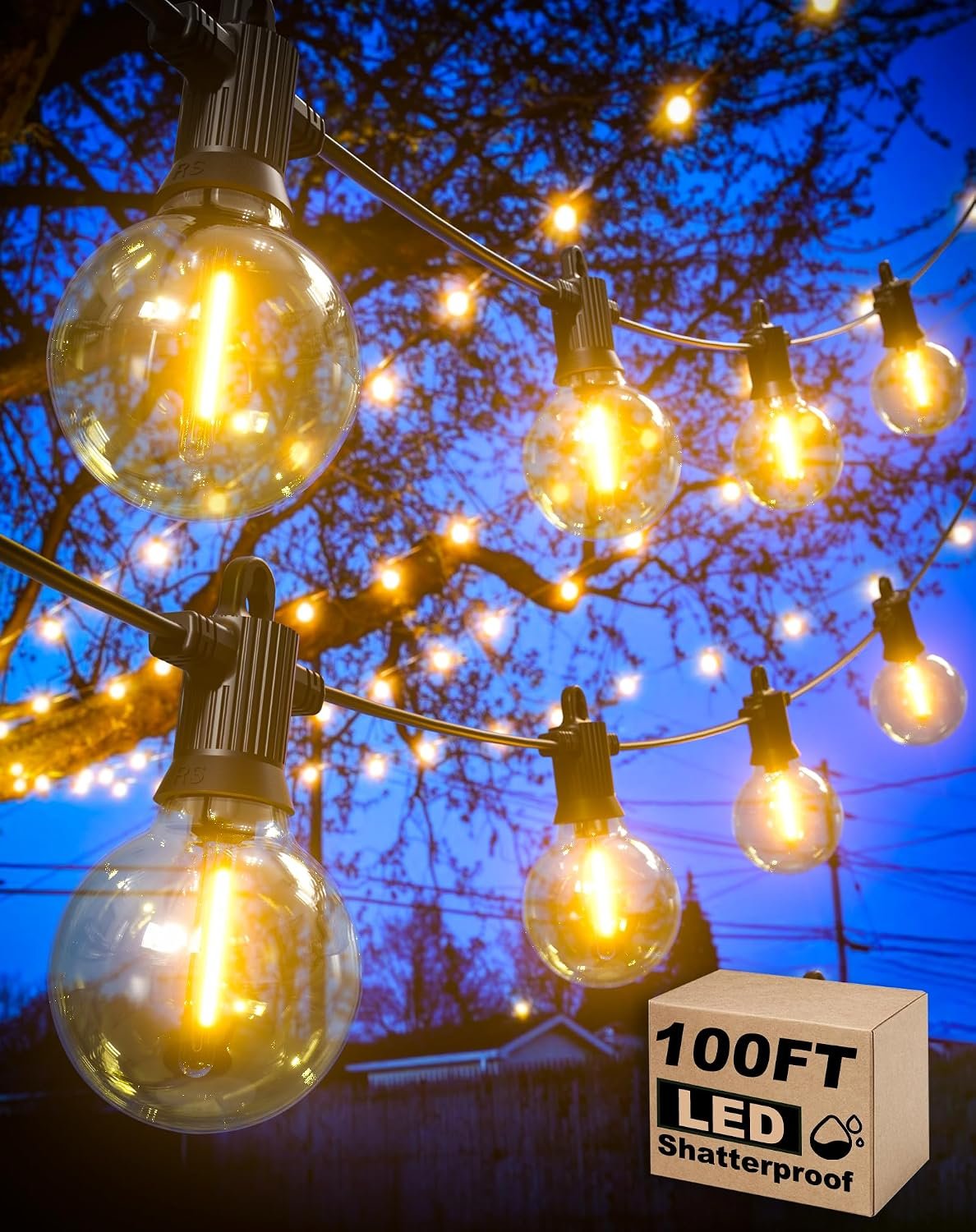 Zuske Outdoor String Lights, 100FT Patio Lights with 53 Shatterproof G40 Globe Bulb(3 Spare), Waterproof Connectable Dimmable LED Hanging Lights for Outside Backyard Porch Balcony Gazebo (2x50FT)