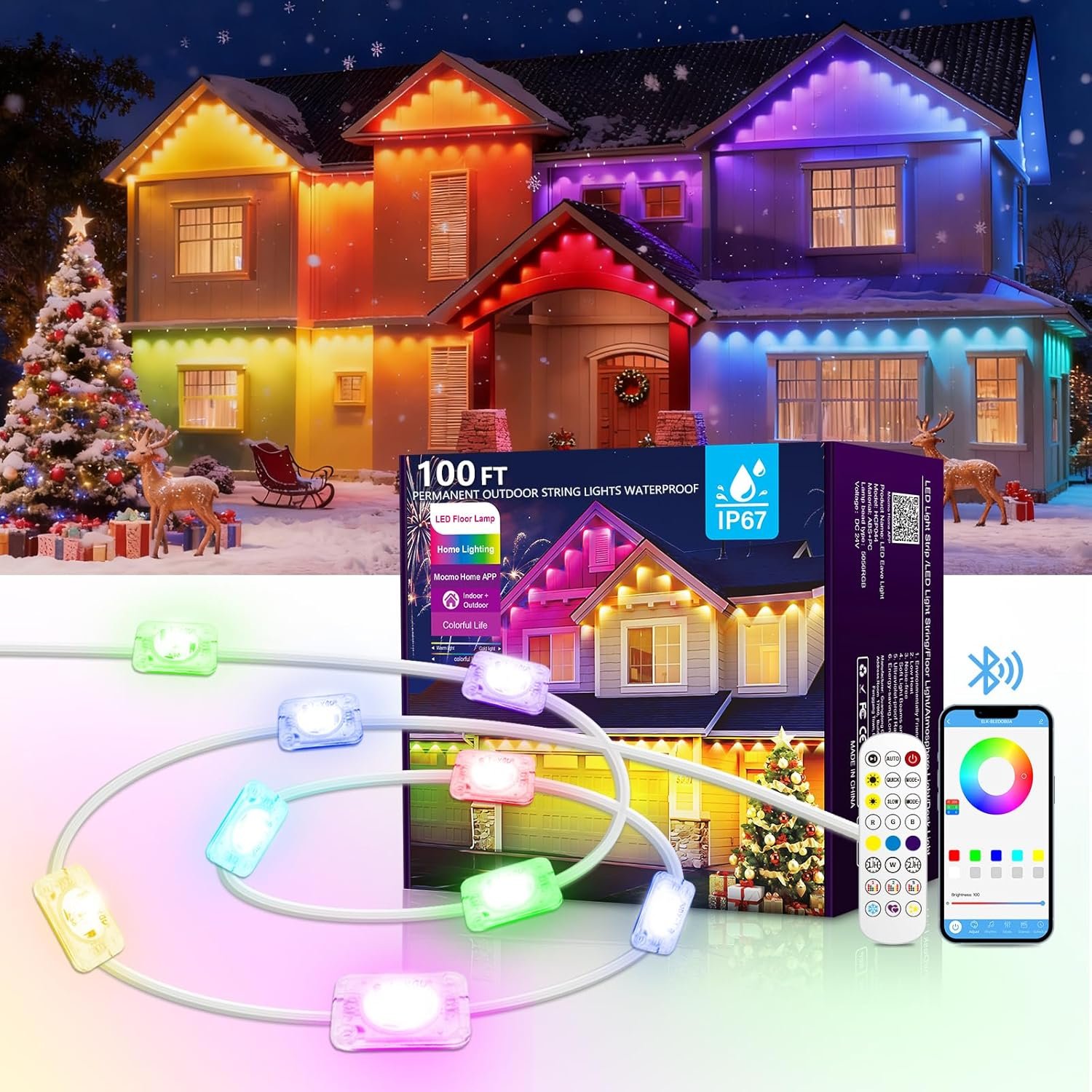 AHAWILL 100FT Halloween Permanent Outdoor Lights,RGB Eaves Lights with App & Remote,DIY Multi-Color Scene Modes,IP67 Waterproof,Outdoor Christmas Strings for House,Holiday Decorative Lights
