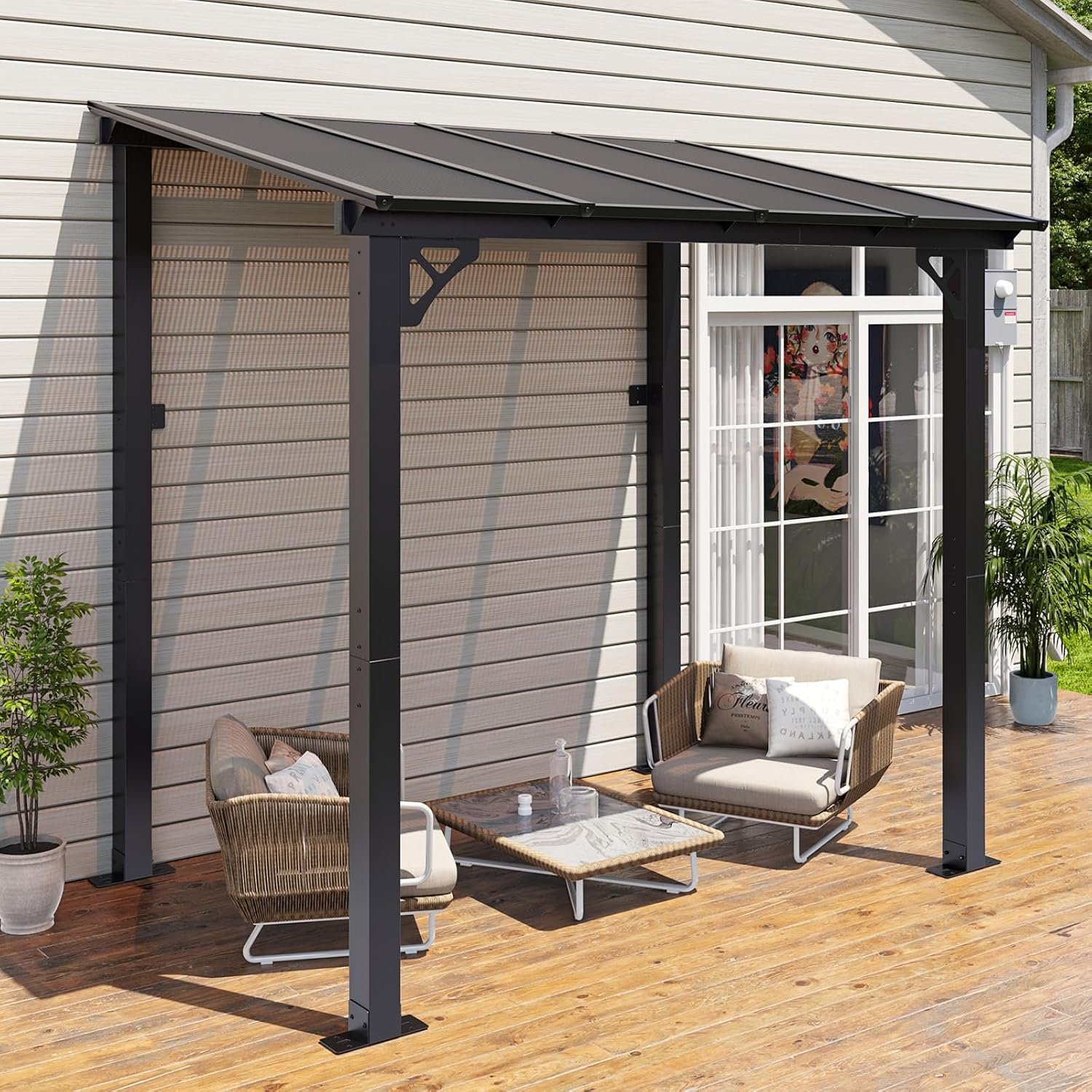 Aoxun 8’x5’ Premium Gazebo with Aluminum Frame & Polycarbonate Panel, Black | Mounted Gazebos Pergola, Outdoor Patio Lean to Gazebo, Awnings with Sloped Roof, for Backyard, Porch, Deck