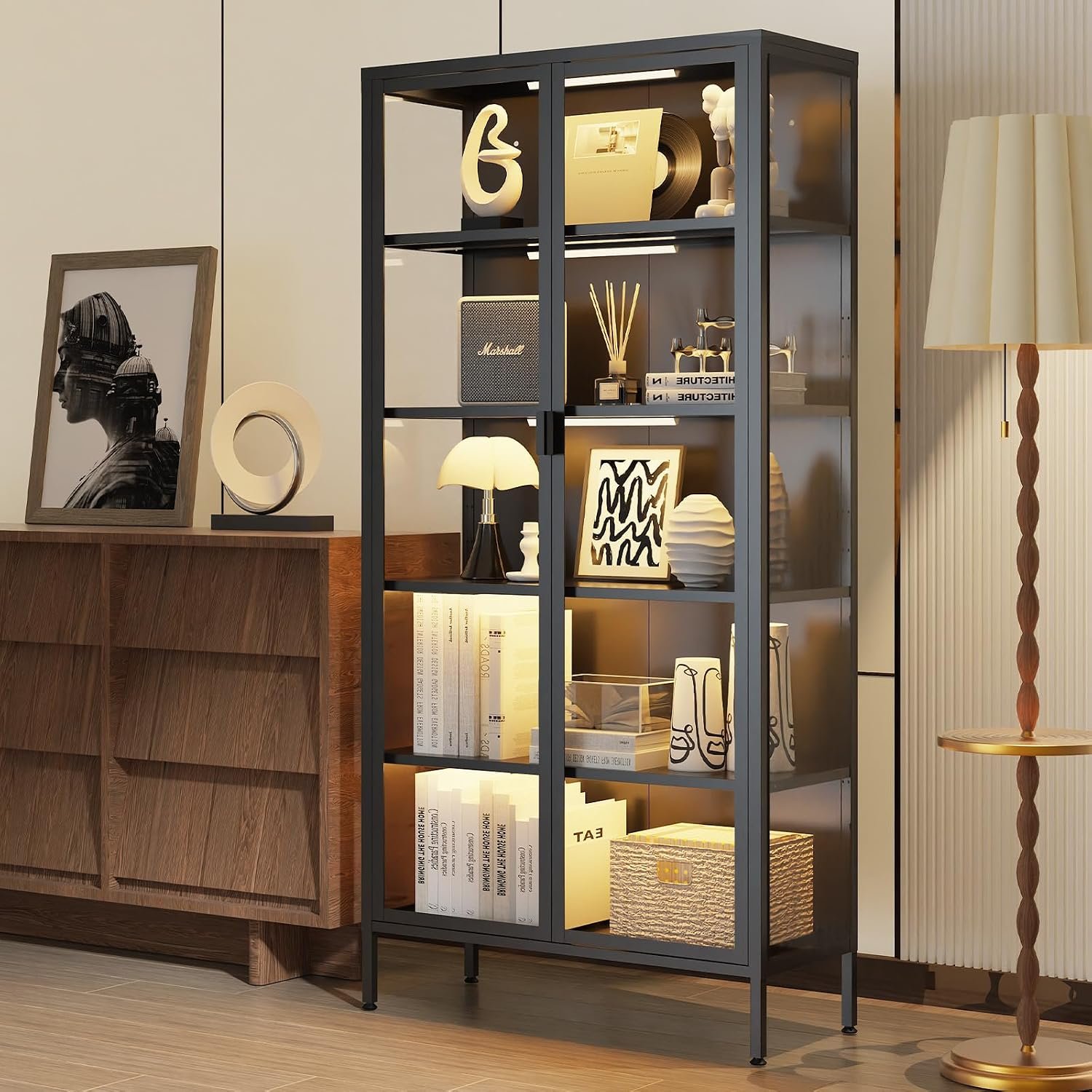 Eltean 71″ H Display Cabinet with Glass Doors, 5 Tiers Curio Glass Display Cabinet with 3 Colors LED Sensor Light,Display Cabinets for Collectible with 4 Adjustable Shelves for Living Room,Bedroom