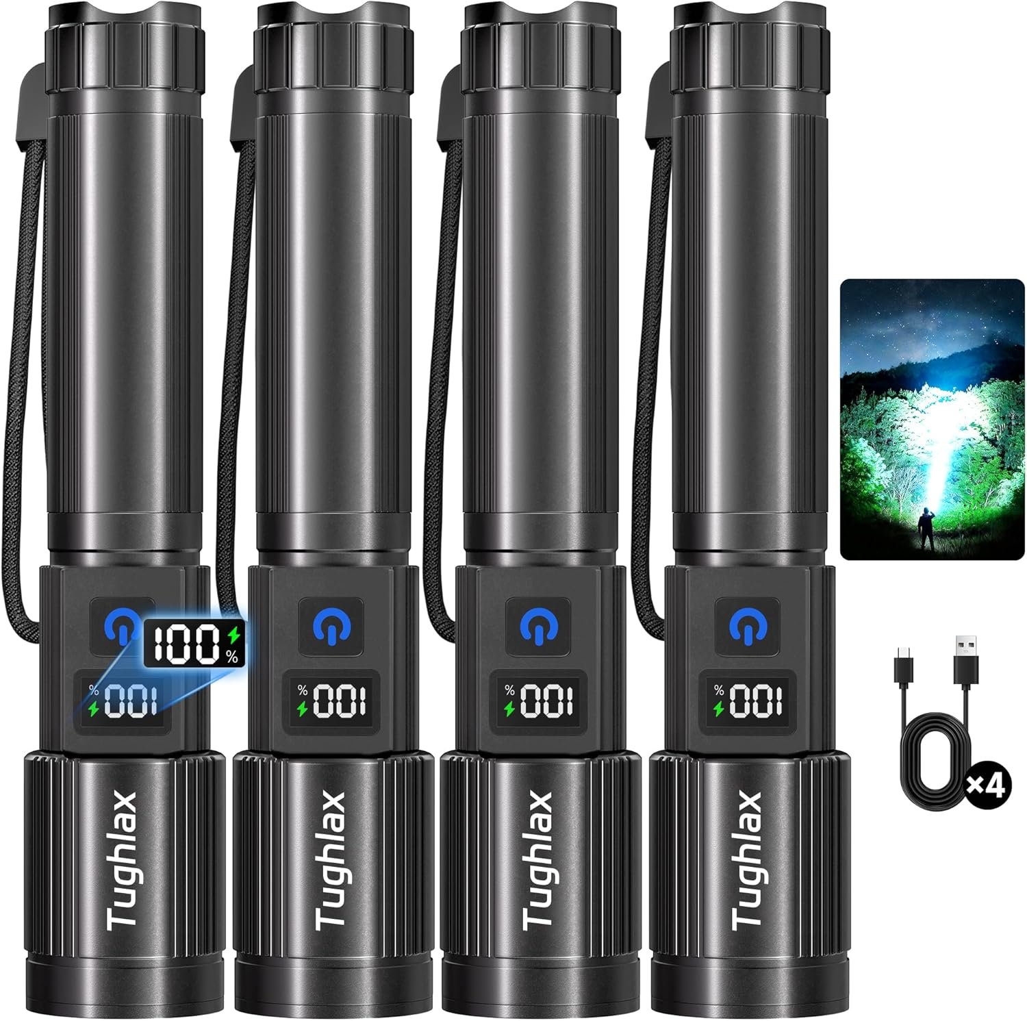 4Pack Rechargeable Flashlights High Lumens 10000LM, Super Bright Flashlight with LCD Digital Display, 5 Modes Adjustable Flash Light, LED Flashlight Powerful, Tactical Flashlights for Home