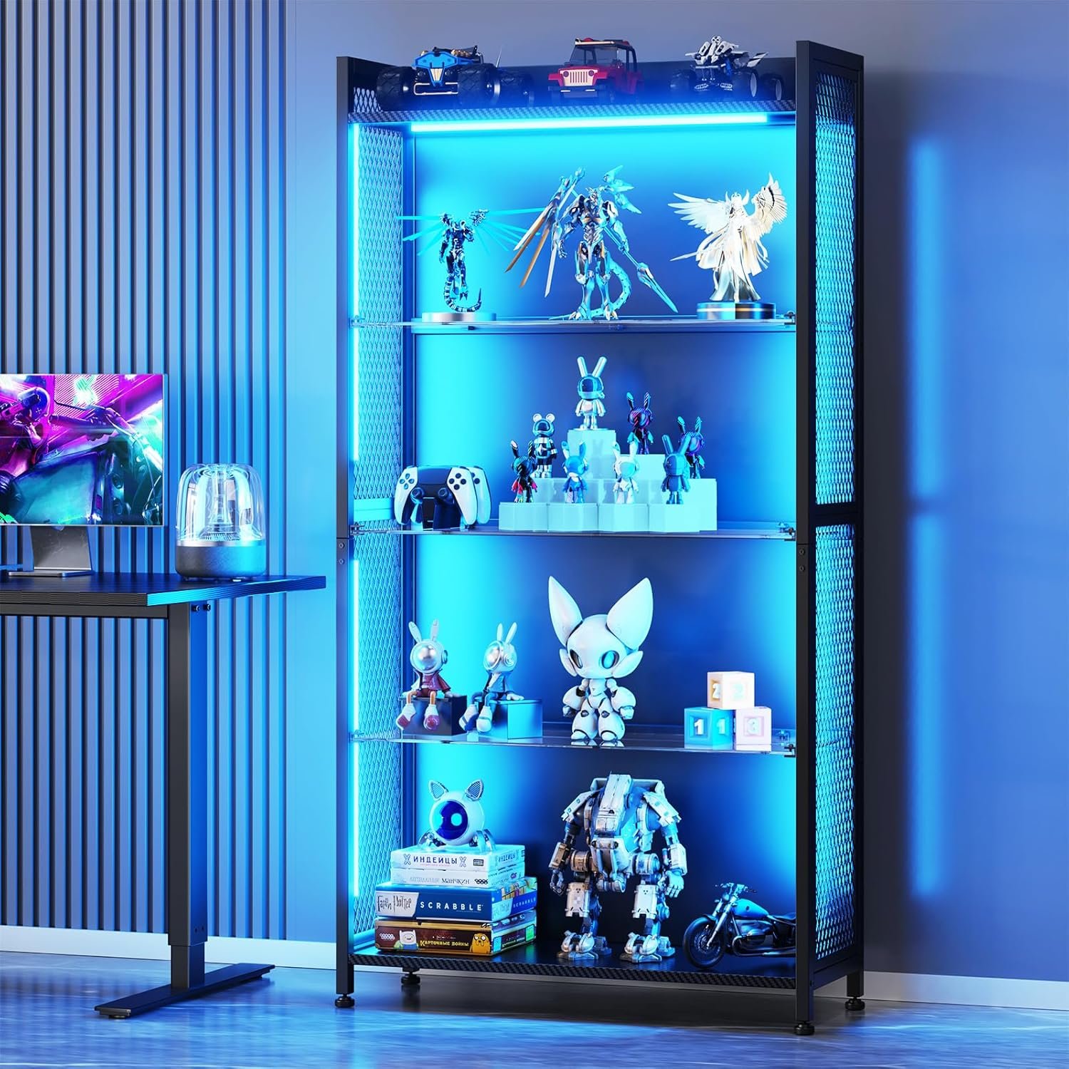 AODK Display Case with Glass Shelves & RGB Lights, 4-Tier Display Cabinet | LED Display Shelf with Industrial Metal Mesh & Open Shelf Design for Collectibles, Black Curio Cabinet, Book Case