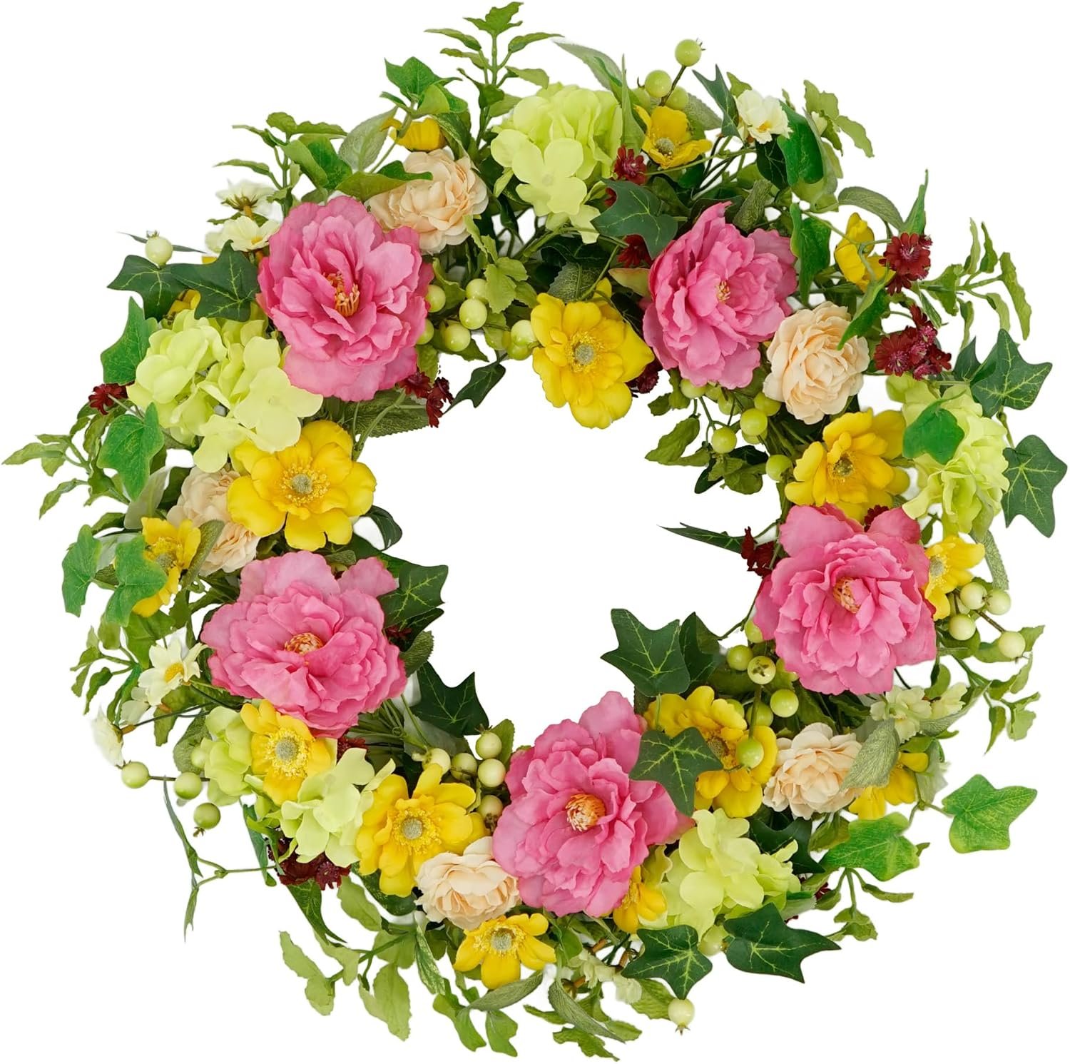 YNYLCHMX 20″ Spring Summer Wreath for Front Door, Peony and Eucalyptus | Artificial peony flowers, eucalyptus leaves, green foliage, for wall, window, porch, farmhouse, party and holiday decor