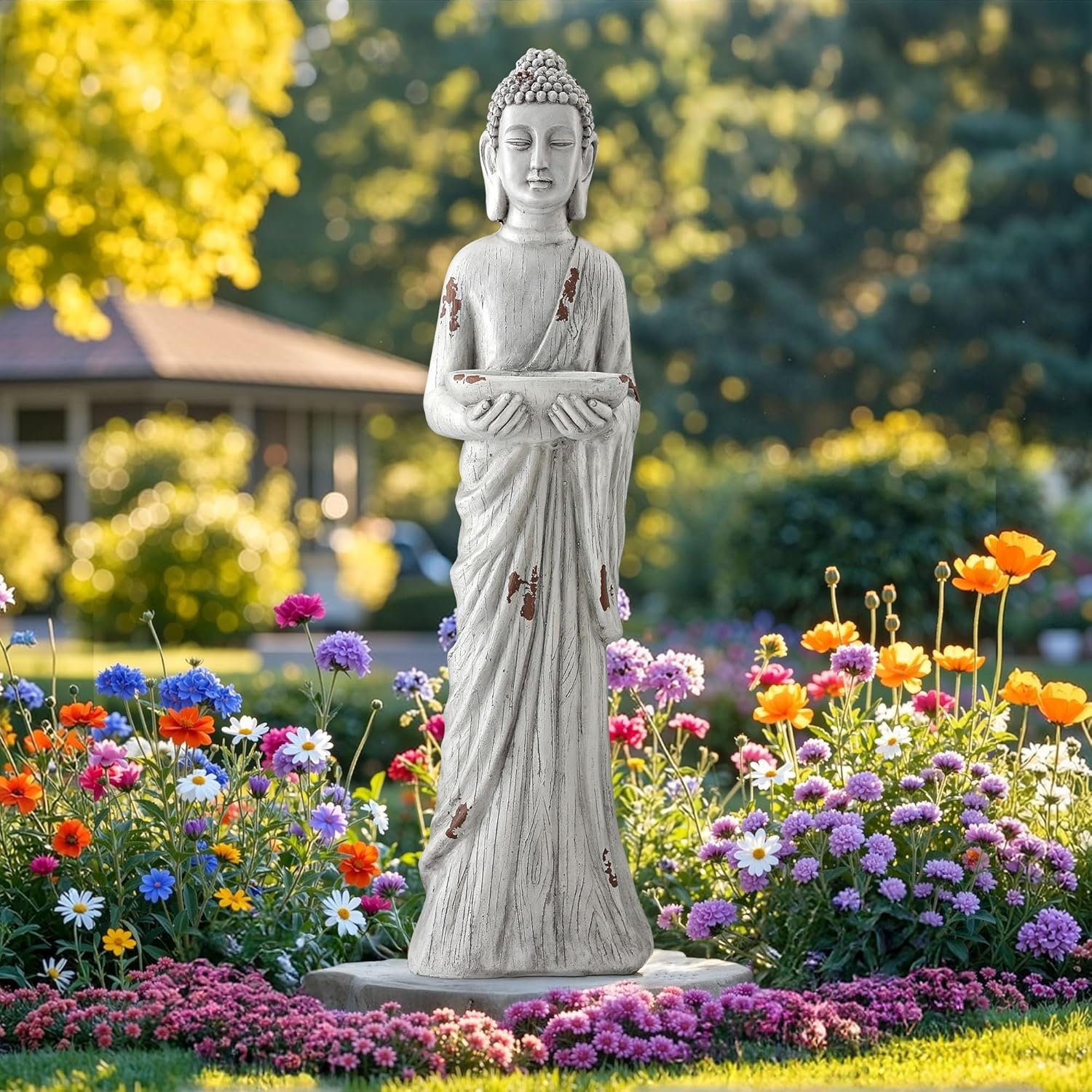 42″ Buddha Outdoor Statue with Birdfeeder, Extra-Large Buddha Figures | Zen-style buddha sculpture for garden, patio, yard, or porch decor.Durable Weatherproof MGO