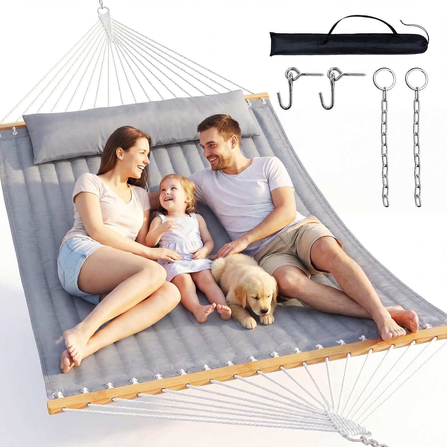Everyfun Double Hammock with Spreader Bar – 2 Person Patio Hammock, 500 lbs Capacity, Soft Pillow & Carry Bag, Flat Wide Bed, Portable Quilted Hammock for Outdoor Camping Backyard Garden,Dark Gray