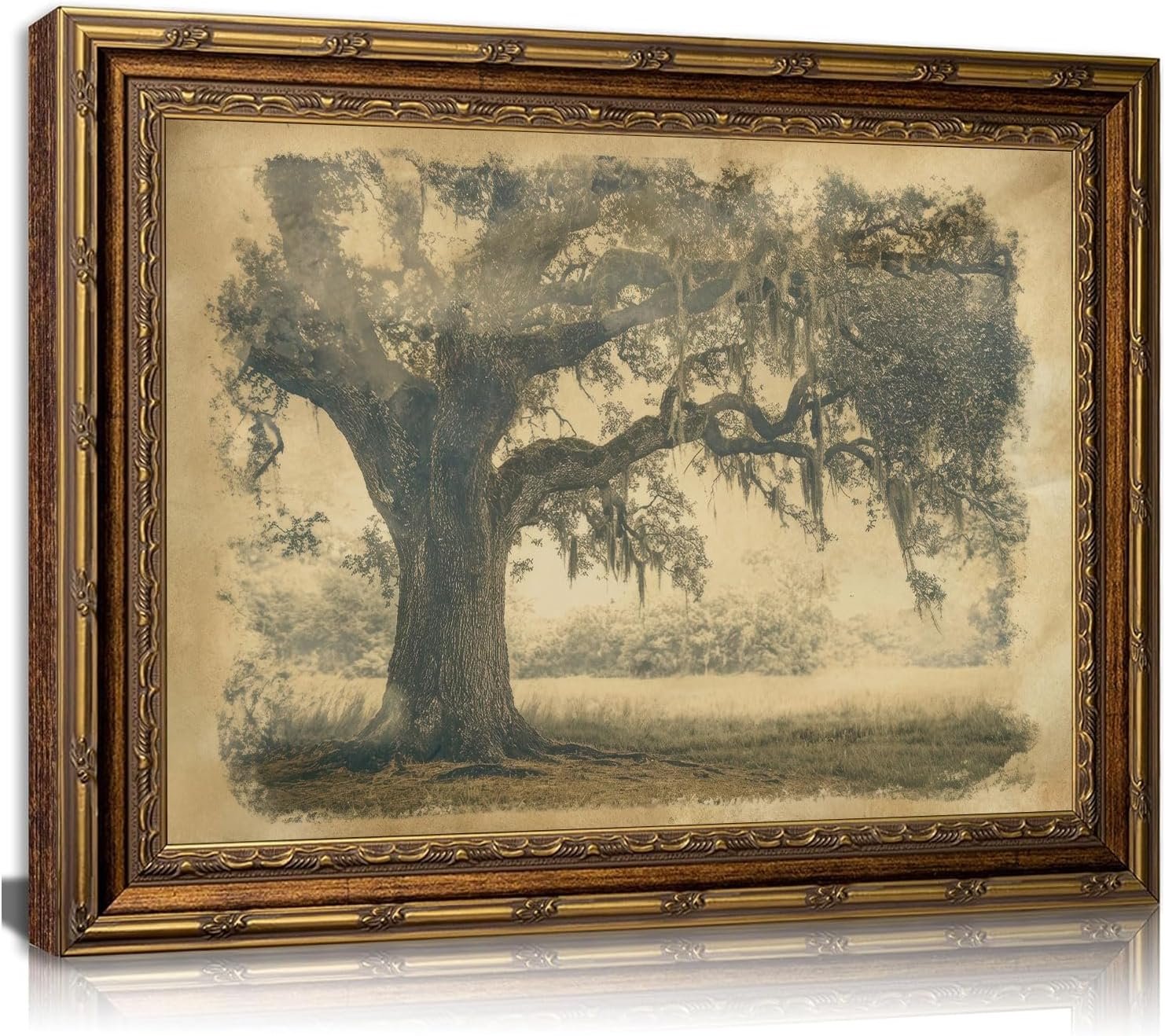 Vintage Gold Framed Oak Tree Wall Art, 9×11 Inch | Antique Moss Oak Tree Print, Rustic Farmhouse Countryside Landscape, For Living Room, Bedroom