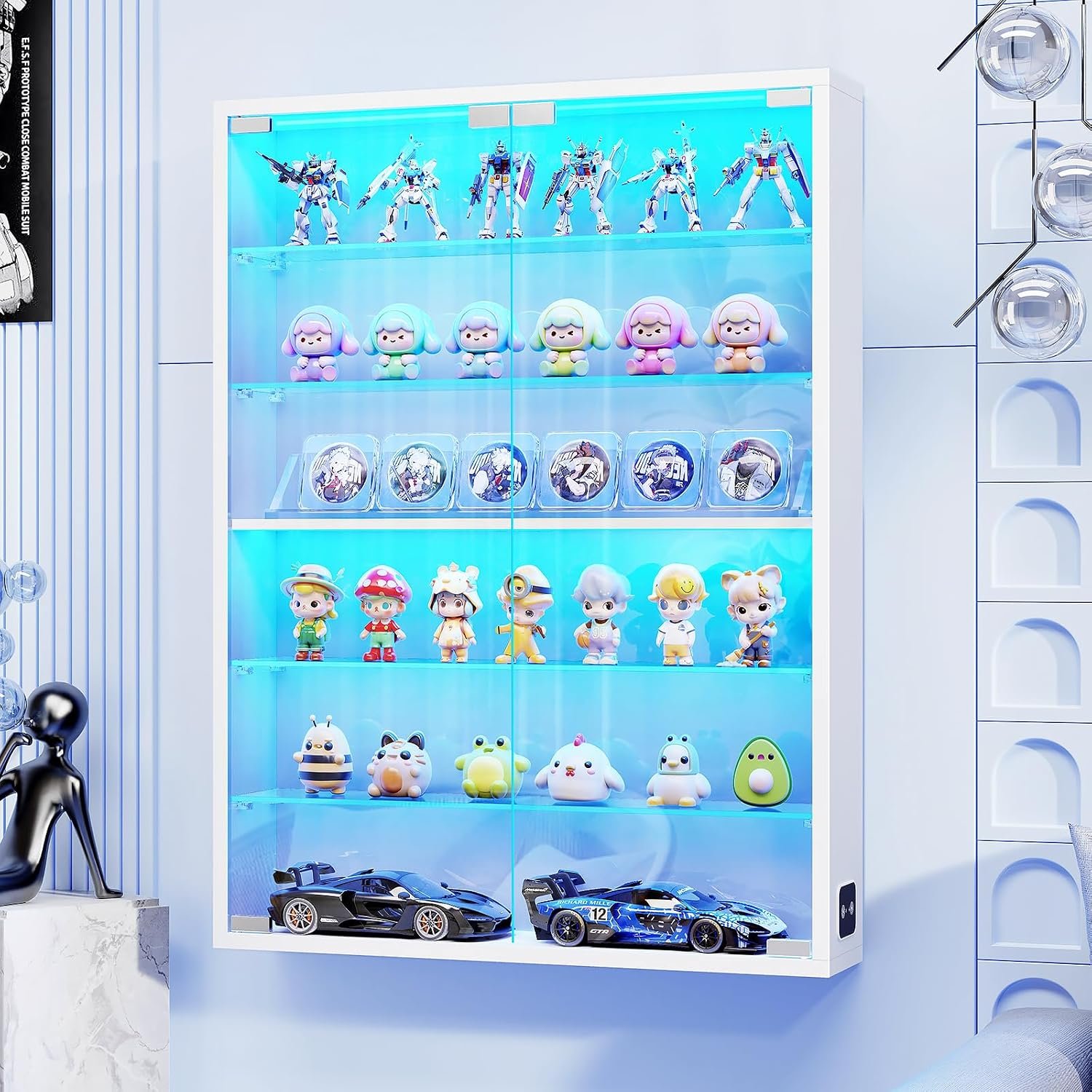 Wall Display Case with Glass Doors, Sports Card Display Case | 6-Tier, Adjustable Glass Shelves, Shot Glass Display Case for Collectibles, Display Cabinet for Trading Cards, White