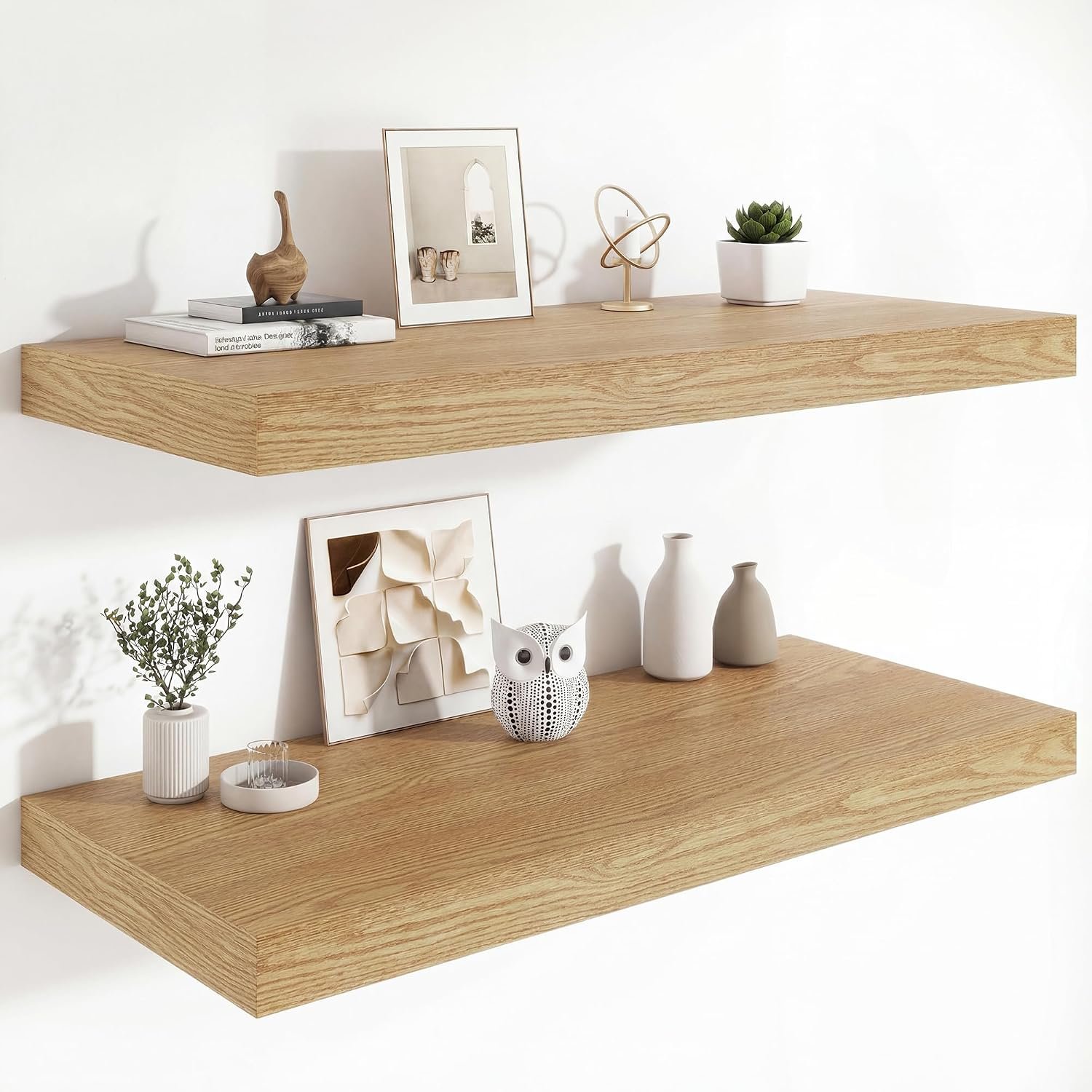 Heimlove 12″ Deep Floating Shelves, 36 x 12 Inch Wall Mounted Long Floating Shelf with Invisible Brackets, for Home Decor, Bedroom, Kitchen, Living Room, Bathroom – 2 Pack, Oak