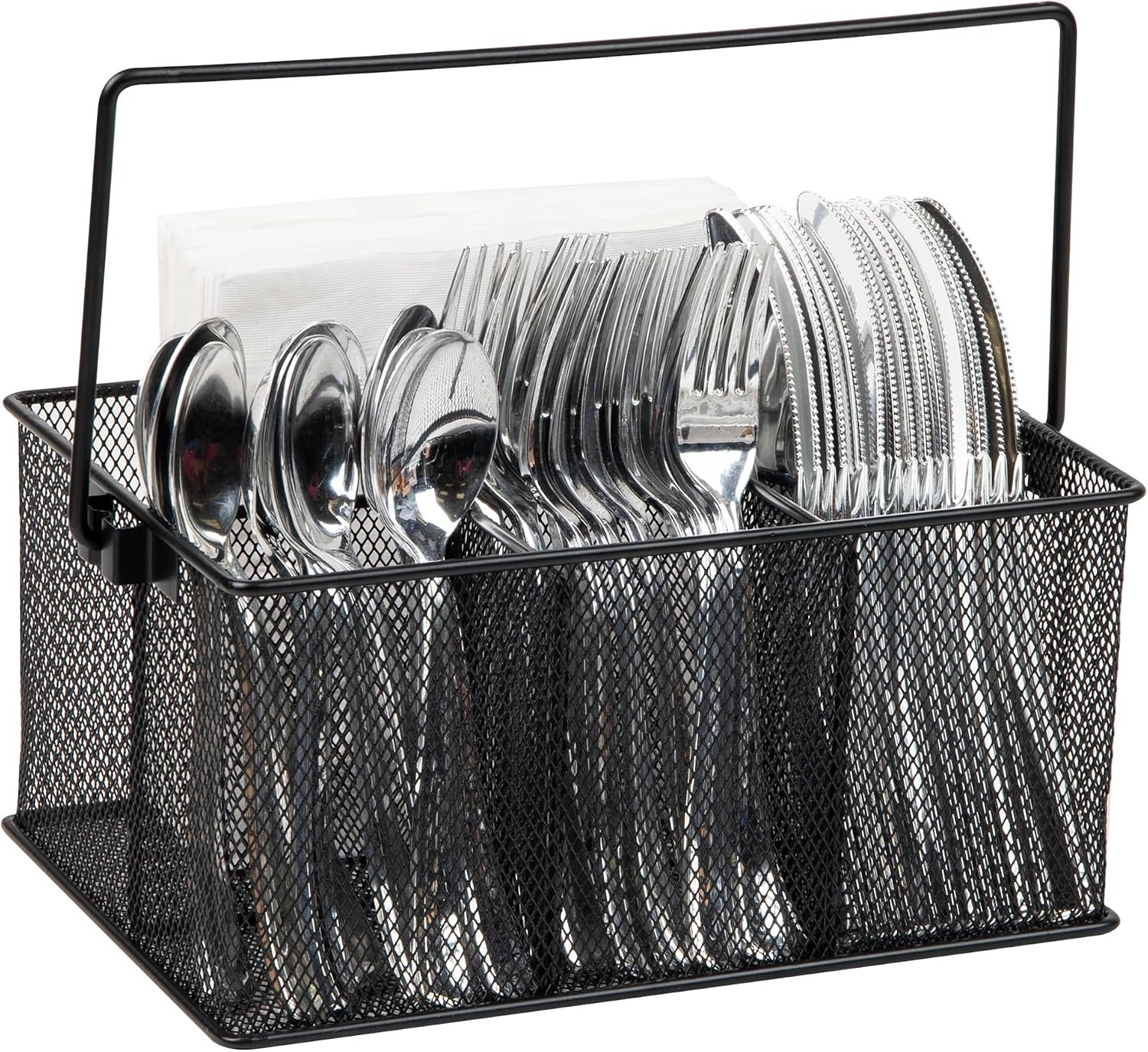 Mind Reader Multi-purpose Storage Caddy with Handle, Desktop Organizer, Cutlery Holder, 4 Compartments, Metal Mesh, Black