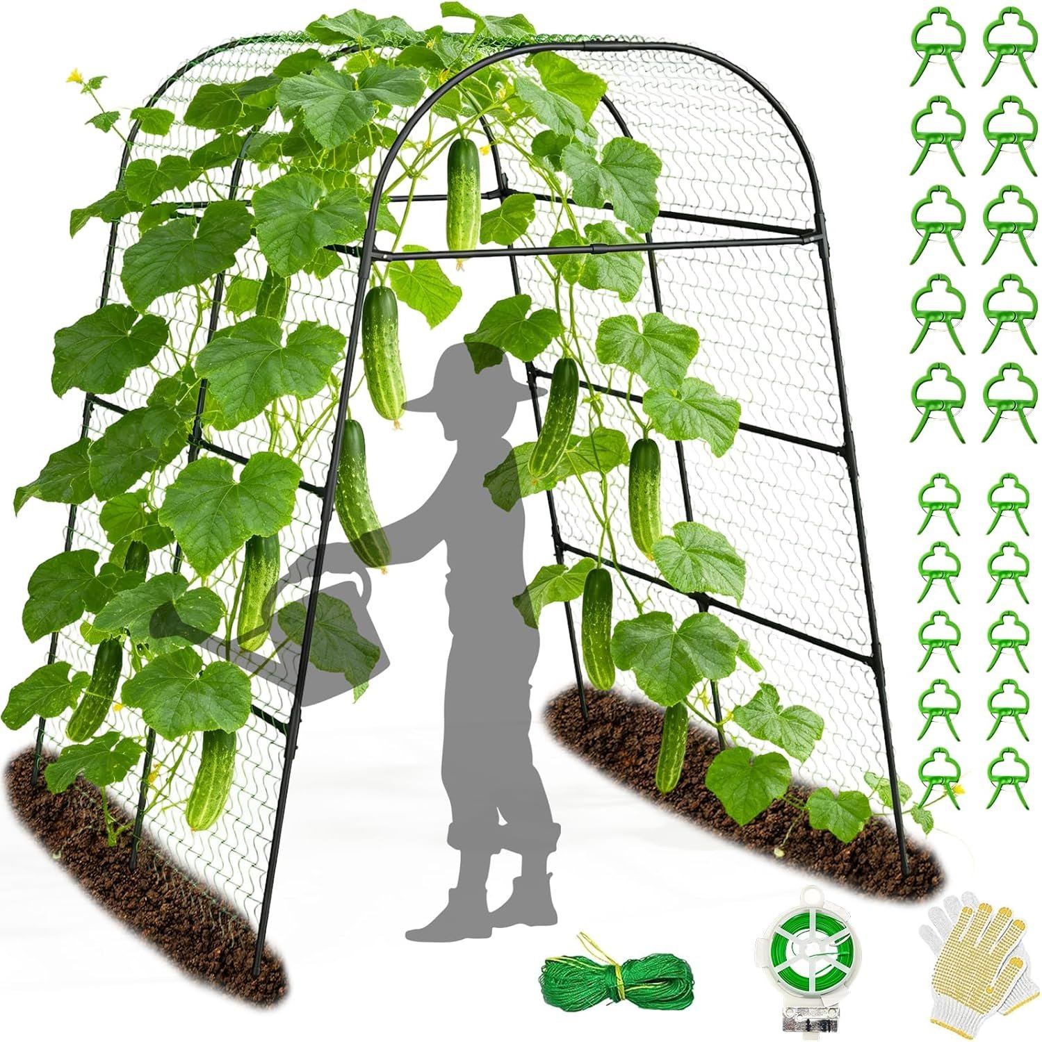 7.2FT Garden Arch Trellis for Climbing Plants, Heavy Duty 66″ Wide Walk-Through Metal Arch with Netting, Wind-Resistant Vertical Garden Support for Cucumbers, Roses, Beans, Squash (65″ Arch)