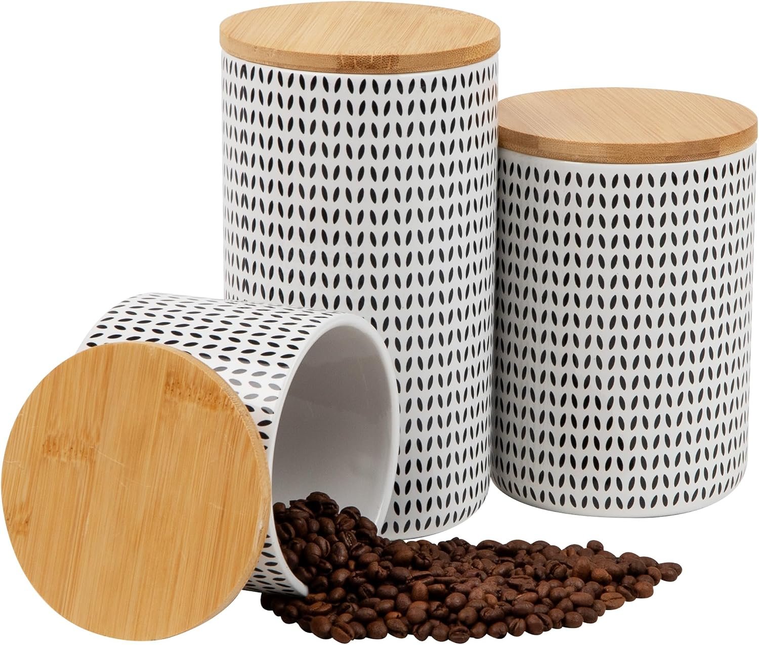 Mind Reader 3-Piece Canister Set, Sugar Container, Coffee Storage, Lids, Kitchen, Ceramic, 4″L x 4″W x 7″H, Black and White