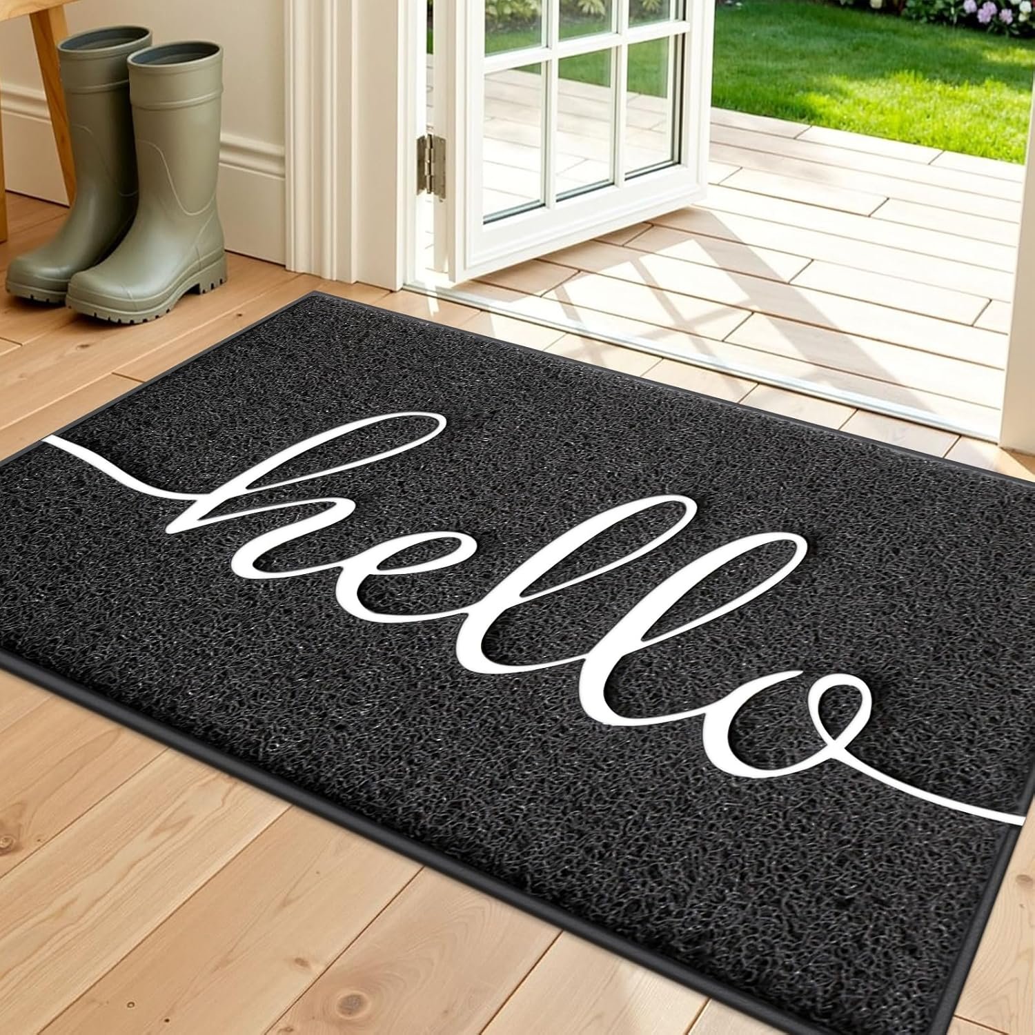 Door Mat (30″x17.5″,Black), Welcome Mat Low Profile Front Doormat Floor Mat Non Slip Rugs for Entryway, Patio, High Traffic Areas