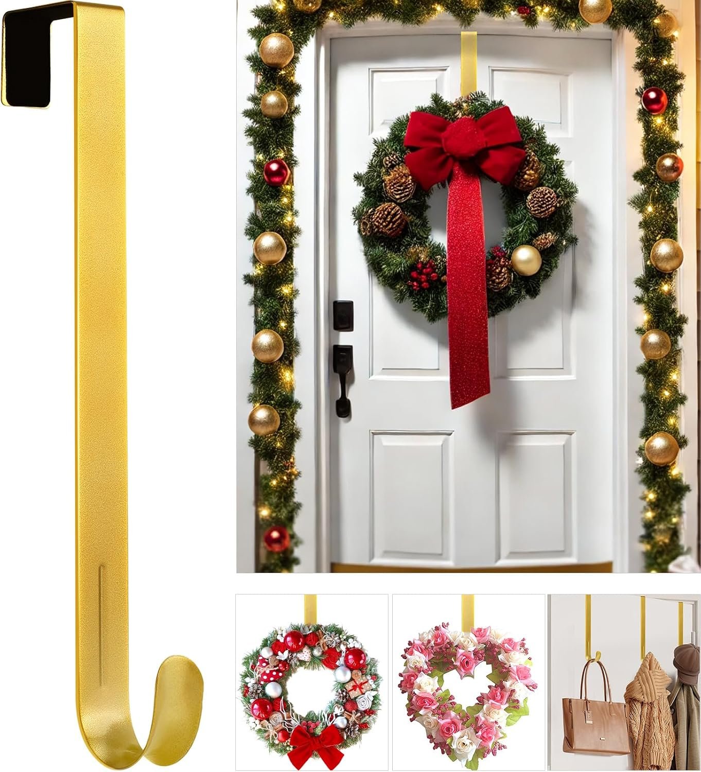 12″ Metal Wreath Hanger for Front Door, Tools-Free Wreath Door Hanger, Gold | Heavy Duty, Over-the-Door Hooks for Hanging Welcome Sign, Wreath Holder for Easter, Halloween, Fall, Christmas Decorations