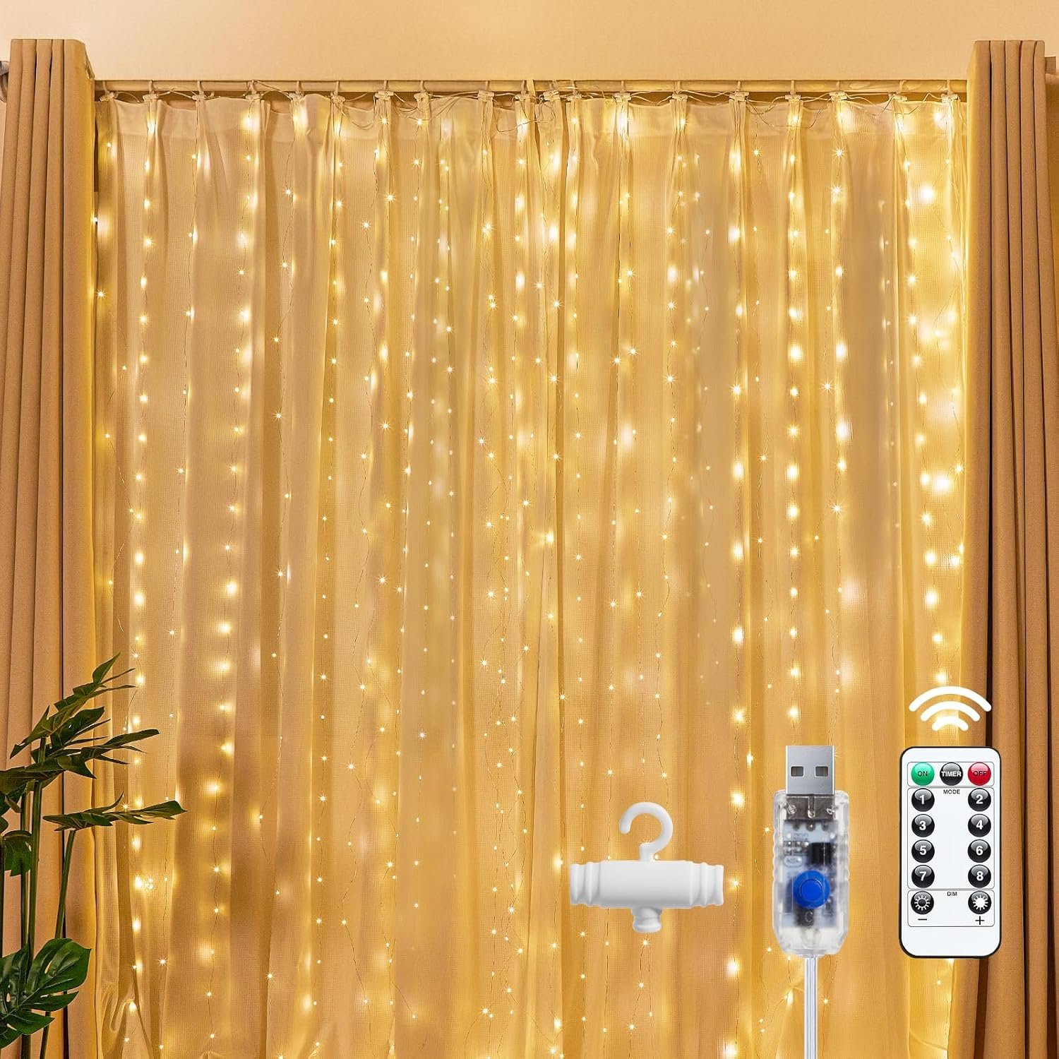 Brightown 300 LED Fairy Curtain Lights, 9.8ft x 9.8ft String Lights | USB Plug in 8 Lighting Modes Christmas String Hanging Lights with Remote for Bedroom Indoor Outdoor Party Xmas Warm White