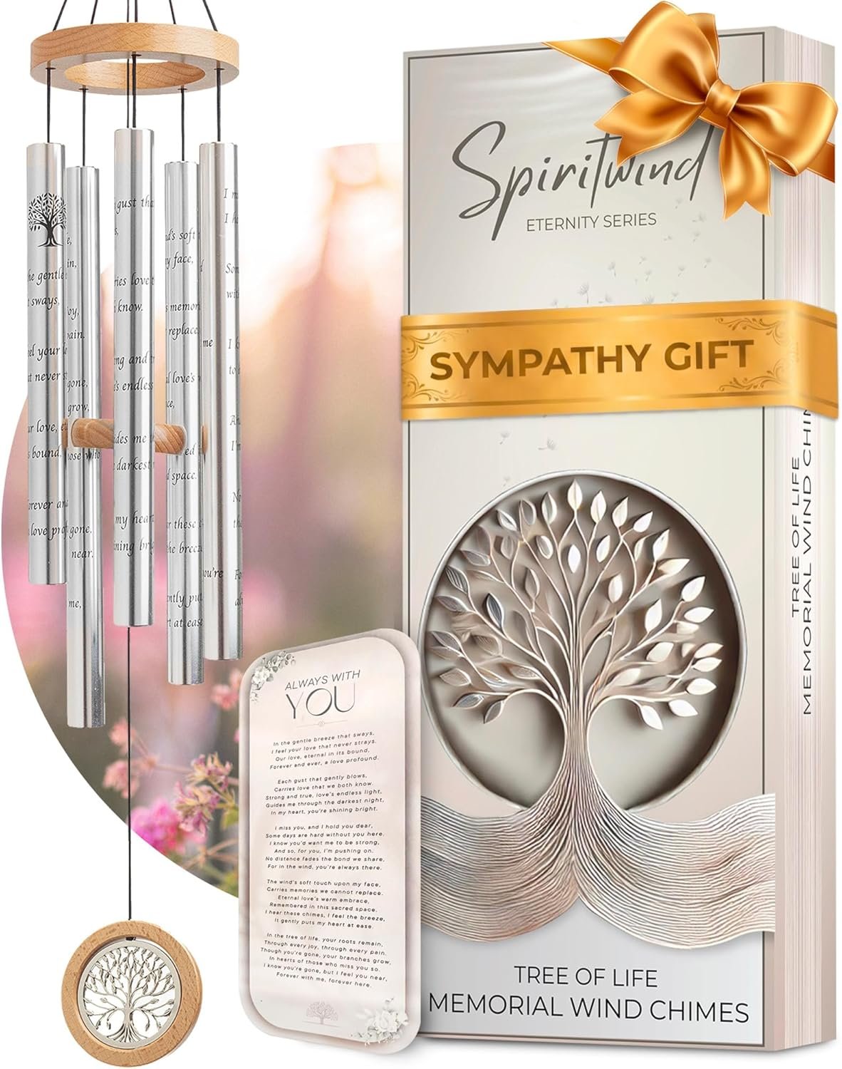 Tree of Life Memorial Wind Chimes for Loss of Loved One (32″) | Beautifully Packaged Sympathy Wind Chimes – Sympathy Gift for Loss of Loved One with Sympathy Card and Floral Keepsake