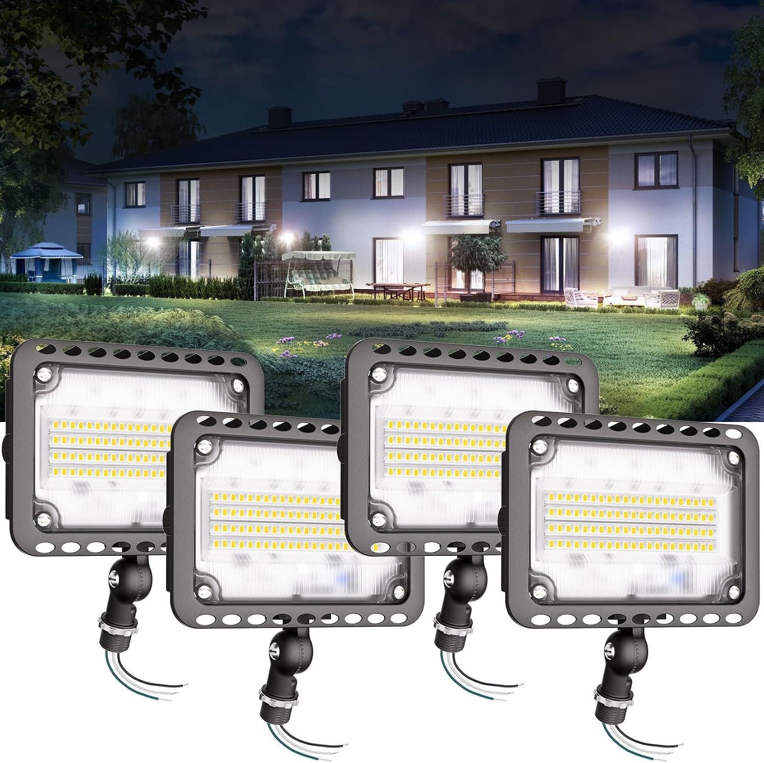 CINOTON 65W LED Flood Lights Outdoor, IP65 Waterproof Exterior Security Wall Lights with 180°Knuckle, 9100LM 120V Outside Aluminum Lighting Fixture for Patio Porch Barn Garden 5000K 4 Pack, UL Listed