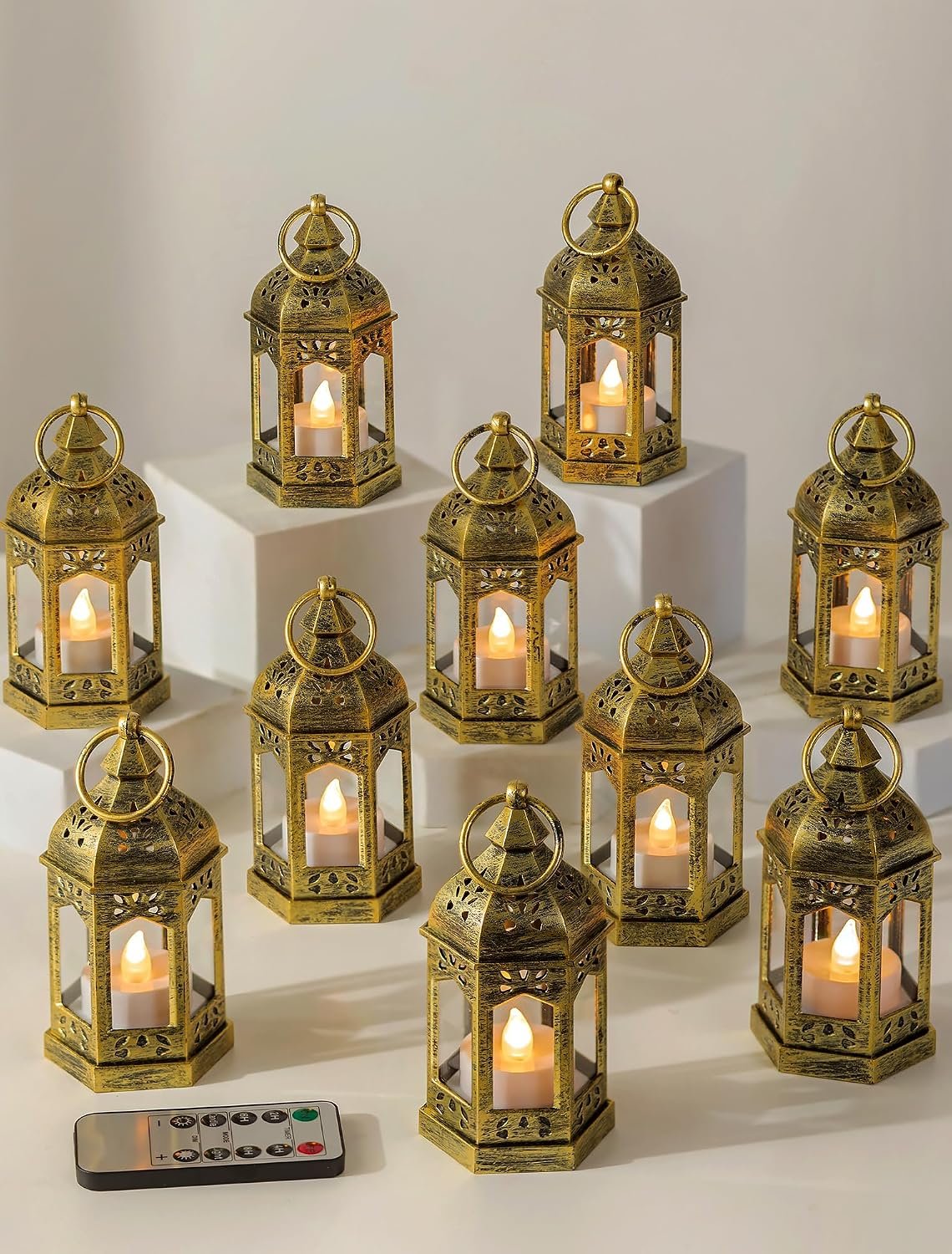 Romadedi Decorative Mini Lanterns for Centerpieces – Set of 10 Gold Vintage Small Candle Lantern Bulk with Remote for Wedding Table Decor Party Ramadan Christmas Halloween, Batteries Included