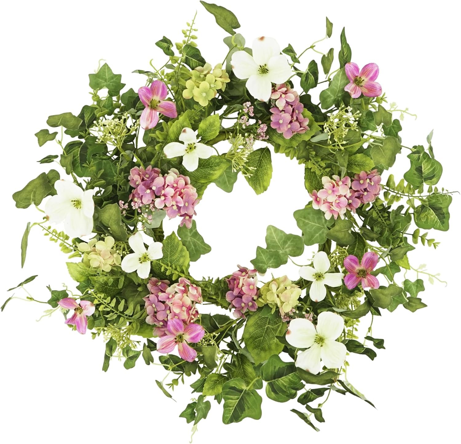 YNYLCHMX 20″ Spring Summer Wreath for Front Door, Pink Hydrangea Decor | Artificial pink hydrangeas, eucalyptus leaves and foliage, for wall, window, porch, farmhouse, party and holiday decor