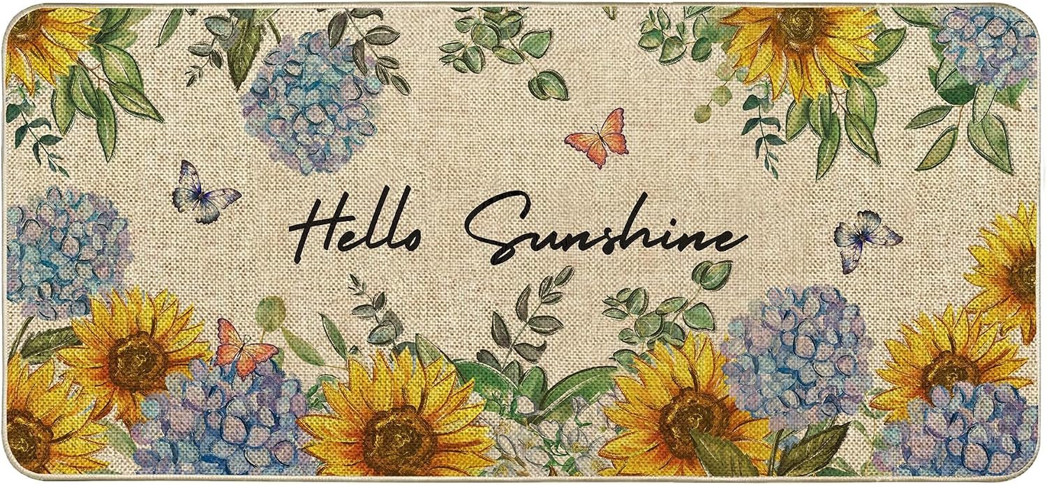 Spring Summer Sunflower Blue Hydrangea Large Doormat, Hello Sunshine Doormats Seasonal Front Door Mat Non-Slip Entrance Mat Low Profile Kitchen Floor Rug Decor for Home Patio 17 x 36 Inch