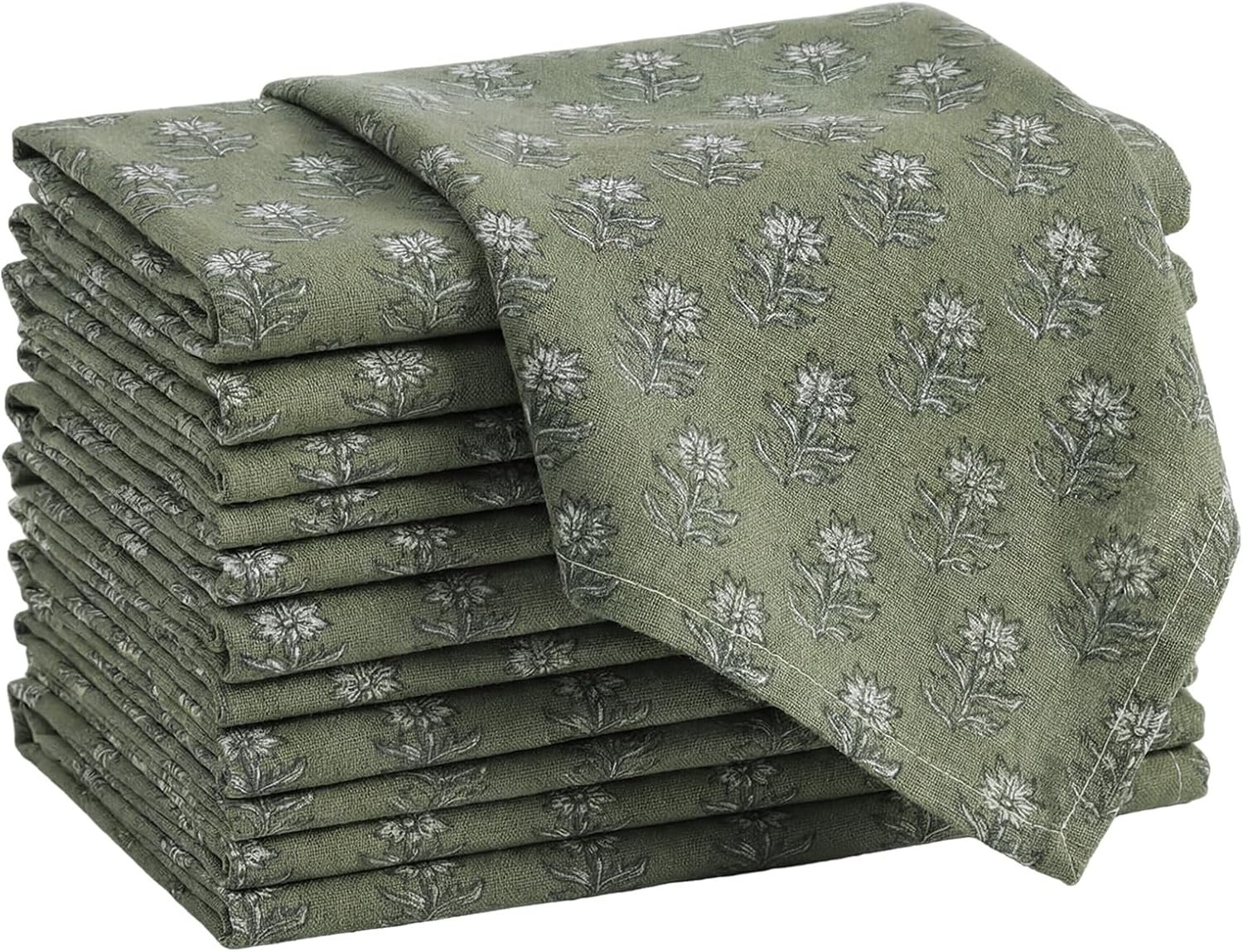 Mindsoft Set of 12 Floral Cloth Napkins Grey Green Linen Cloth Napkins Spring Flower Wildflowers Dinner Napkin 15 x 15 Inch Vintage Washable Reusable for Dinner Home Restaurant Wedding Decor