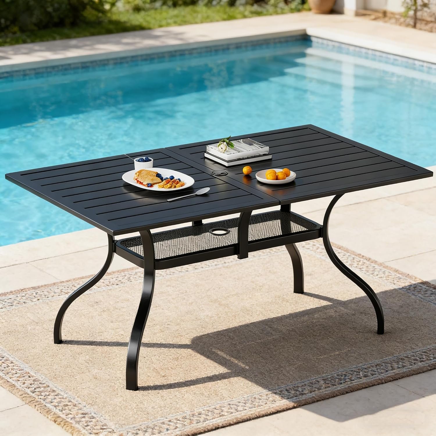 SUNCROWN 60″x37″ Black Patio Outdoor Dining Table Metal Steel Slat Rectangular Bistro Table for Porch Deck Garden Backyard Poolside, 1.57″ Umbrella Hole