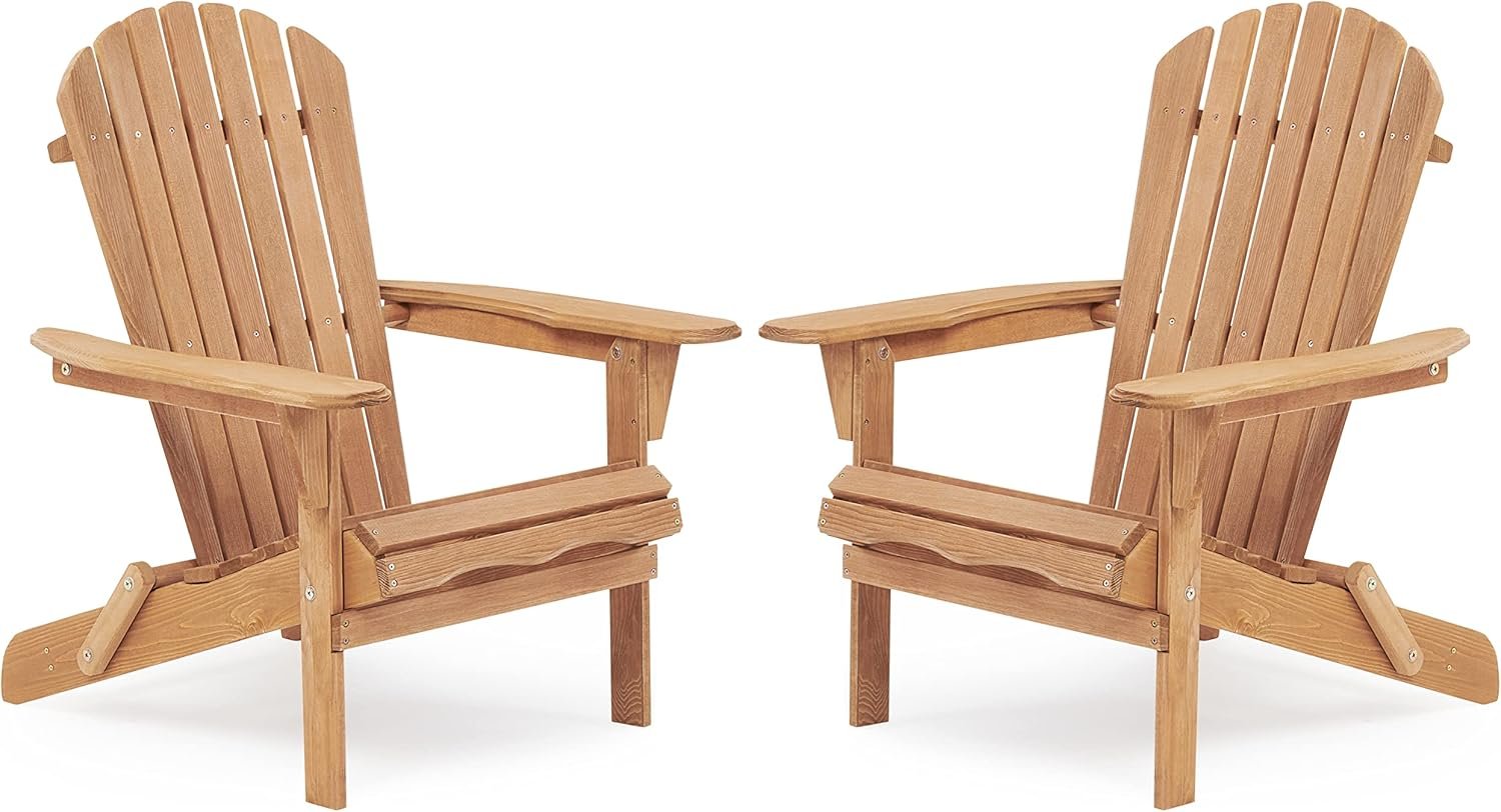 Outdoor Wooden Folding Adirondack Chair Set of 2 with Pre-Assembled BackRest, Wood Patio Chair for Garden Backyard Porch Pool Deck Firepit