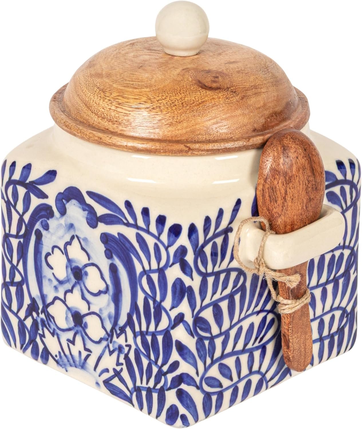 Creative Co-Op Stoneware Canister with Design, Lid and Spoon, Cream, Blue and Natural