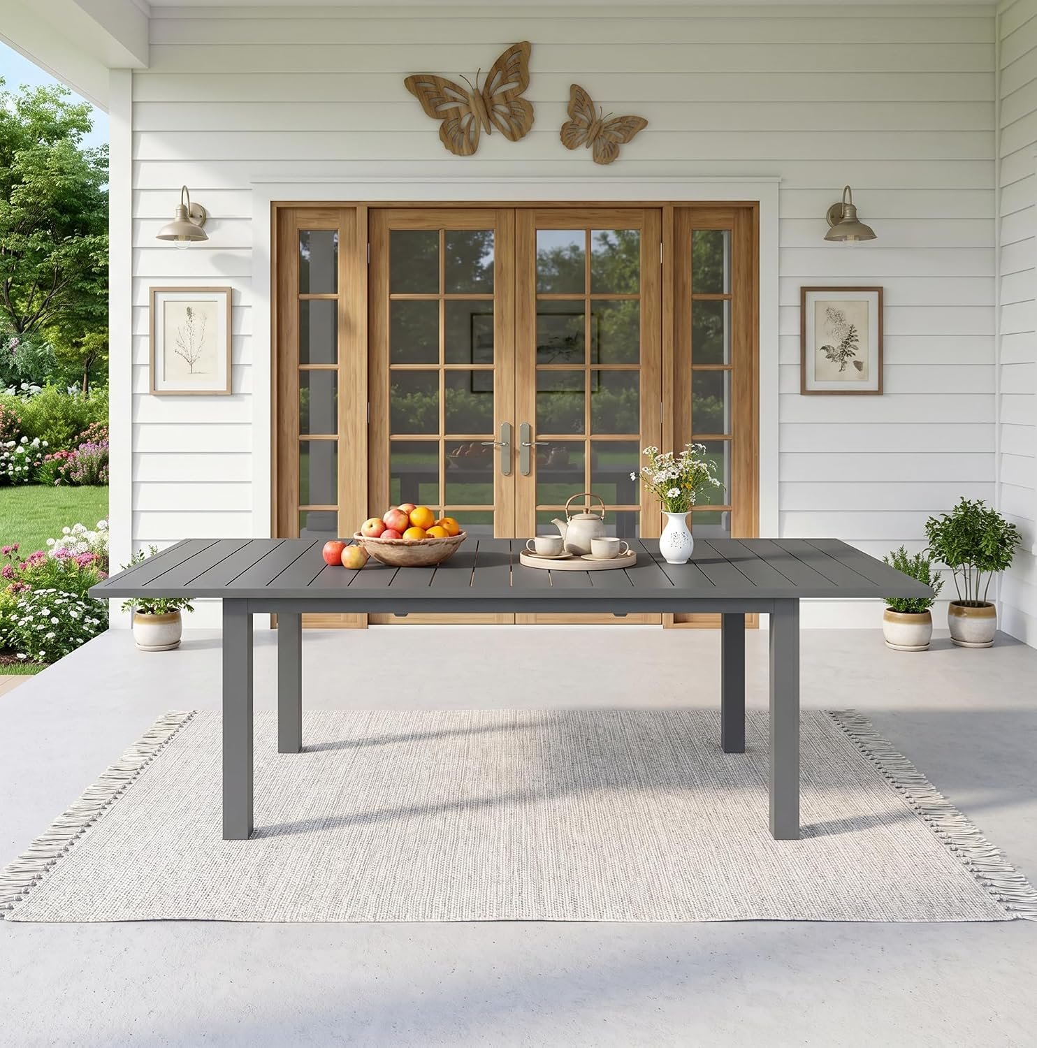 RoyalCraft Expandable Aluminum Outdoor Dining Table, 2-Adjustable Lengths Patio Dining Table for 6-10 Person, 91.33″ L x 39.37″ W Metal Patio Table with Adjustable Feet for Deck Garden Porch, Grey