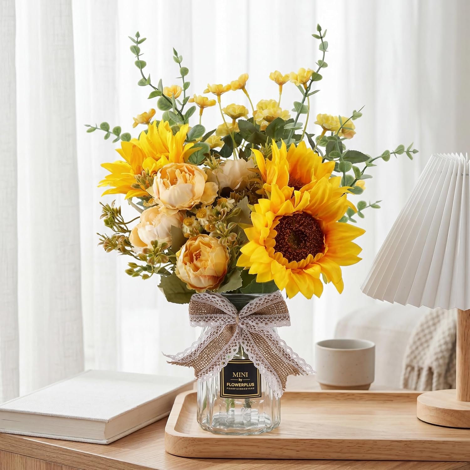 CEWOR Fake Flowers in Vase, Artificial Flowers with Vase Faux Silk Floral Arrangement Table Centerpieces Decor for Home Office Dining Farmhouse Coffee Table Living Room Bathroom Plant Decor(Yellow)