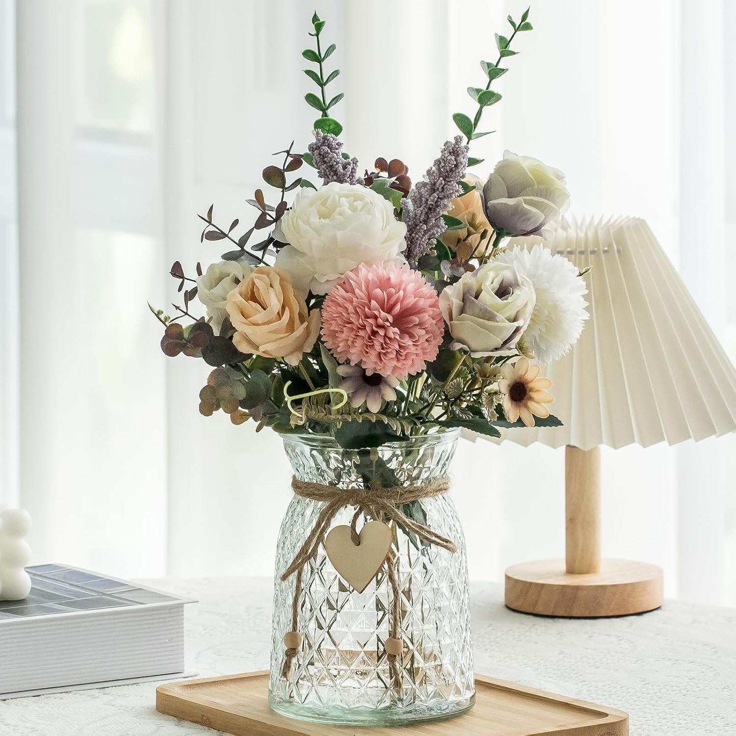 Fake Flowers with Vase, Faux Peony Silk Flowers for Home Decor,Fake Flowers with Vase for Coffee Table Decor,Living Room Bathroom Plant Decor, Centerpiece Table Decorations