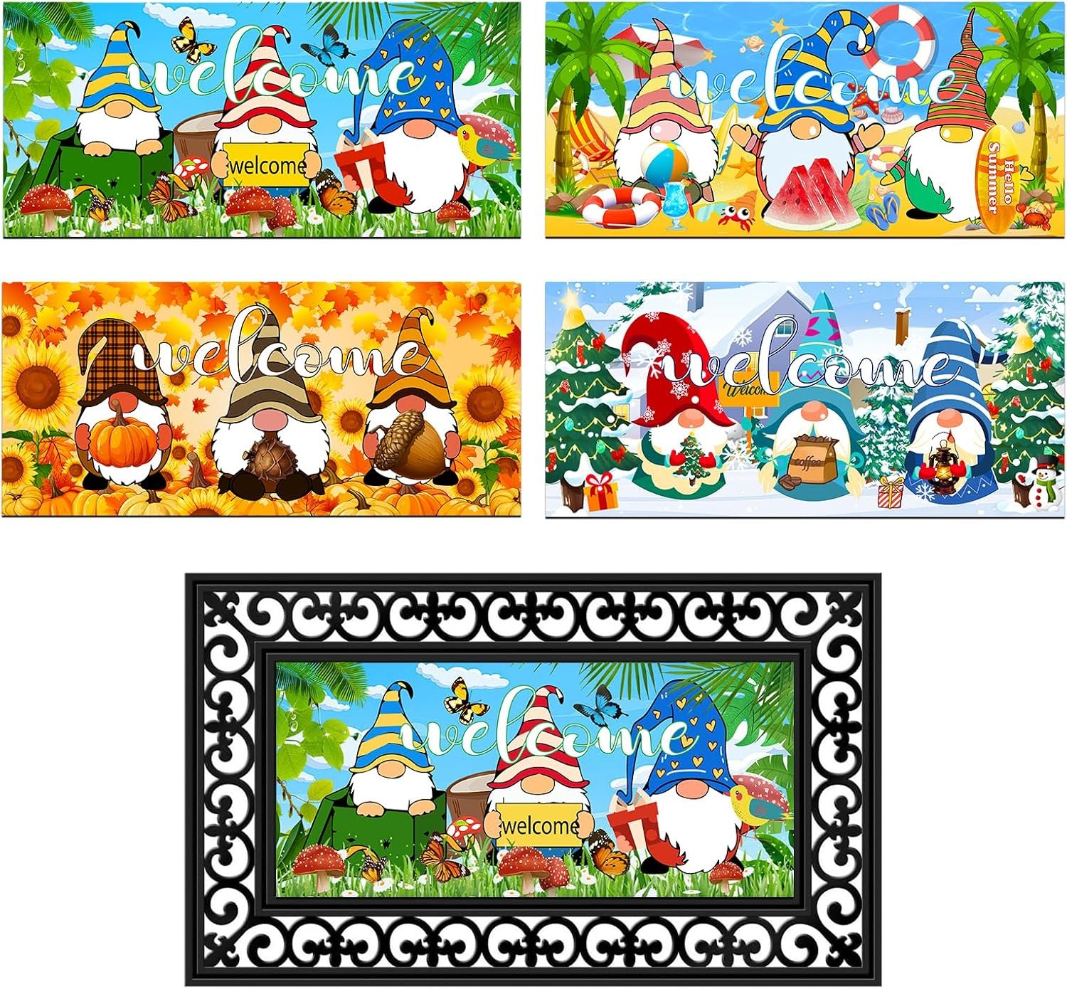 4pcs Doormat Inserts – 4 Seasonal Interchangeable Entrance Doormats Inserts Gnome Style Welcome Mat Outdoor for Spring Summer Fall Winter Front Door Outdoor Indoor 22in x 10in All Seasons