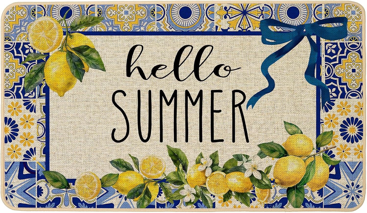 Baccessor Hello Summer Lemon Doormat 17×29 Inch, Tropical Capri Blue Tiles Lemon Low Profile Door Mat Non-Slip Rubber Backing for Floor Entrance Seasonal Outside Patio Porch Outside Home Decor