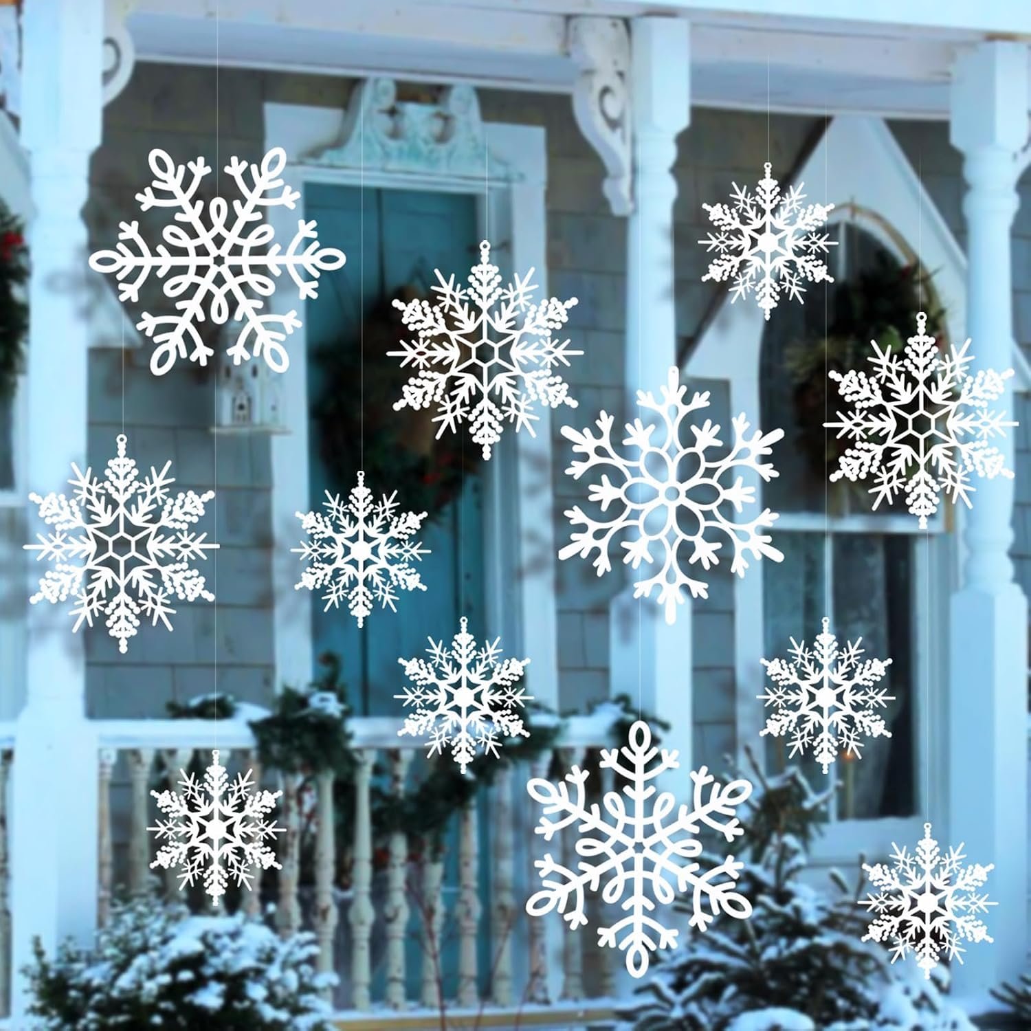 kockuu Large Christmas Hanging Snowflakes Decorations Outdoor for Tree | 12pcs, white, big, in different sizes, for winter holiday, window, porch, indoor decor