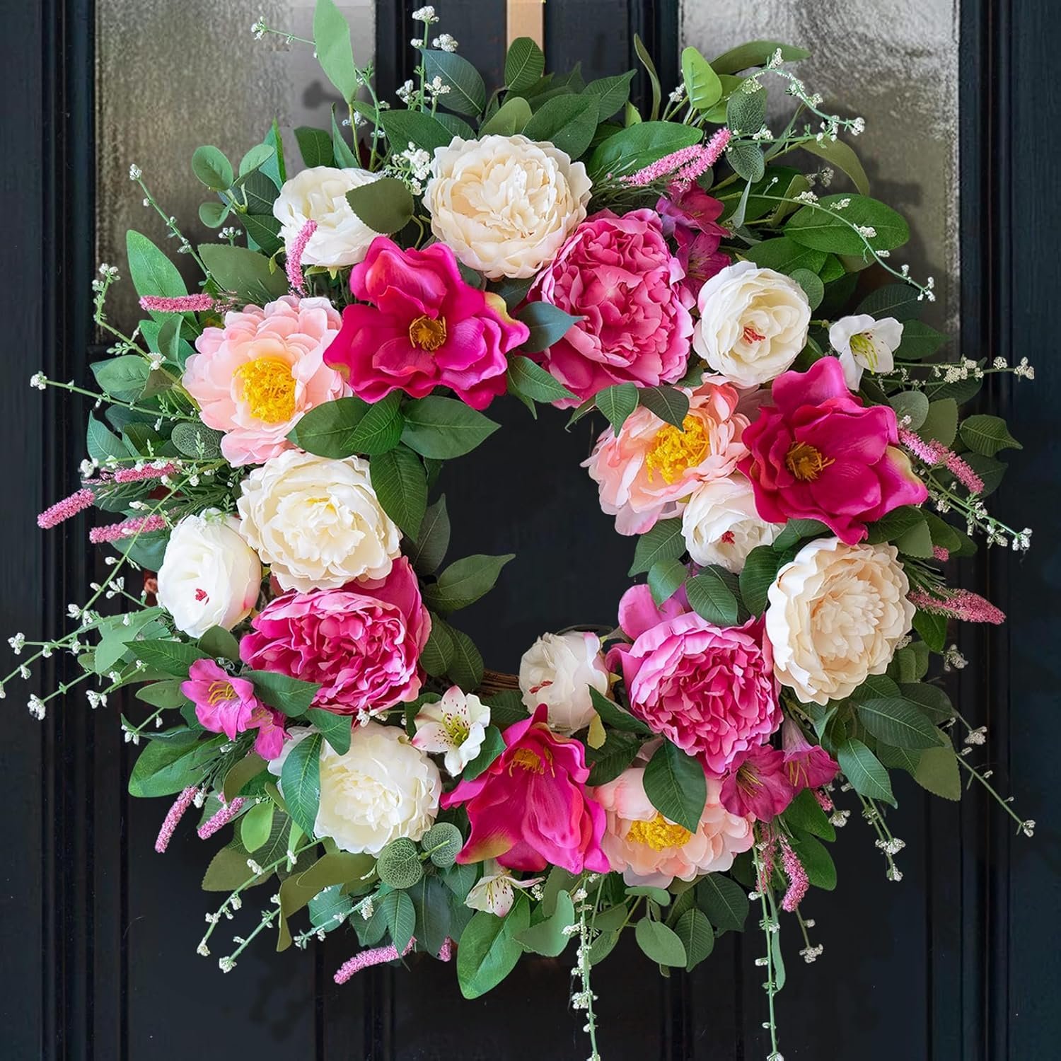 24 Inch Spring Summer Wreaths for Front Door Outside with Peony & Rose | Indoor Outdoor Spring Wreath with Artificial Eucalyptus Leaves for Farmhouse Wall,Porch&Entryway,Mantel Seasonal Decorations