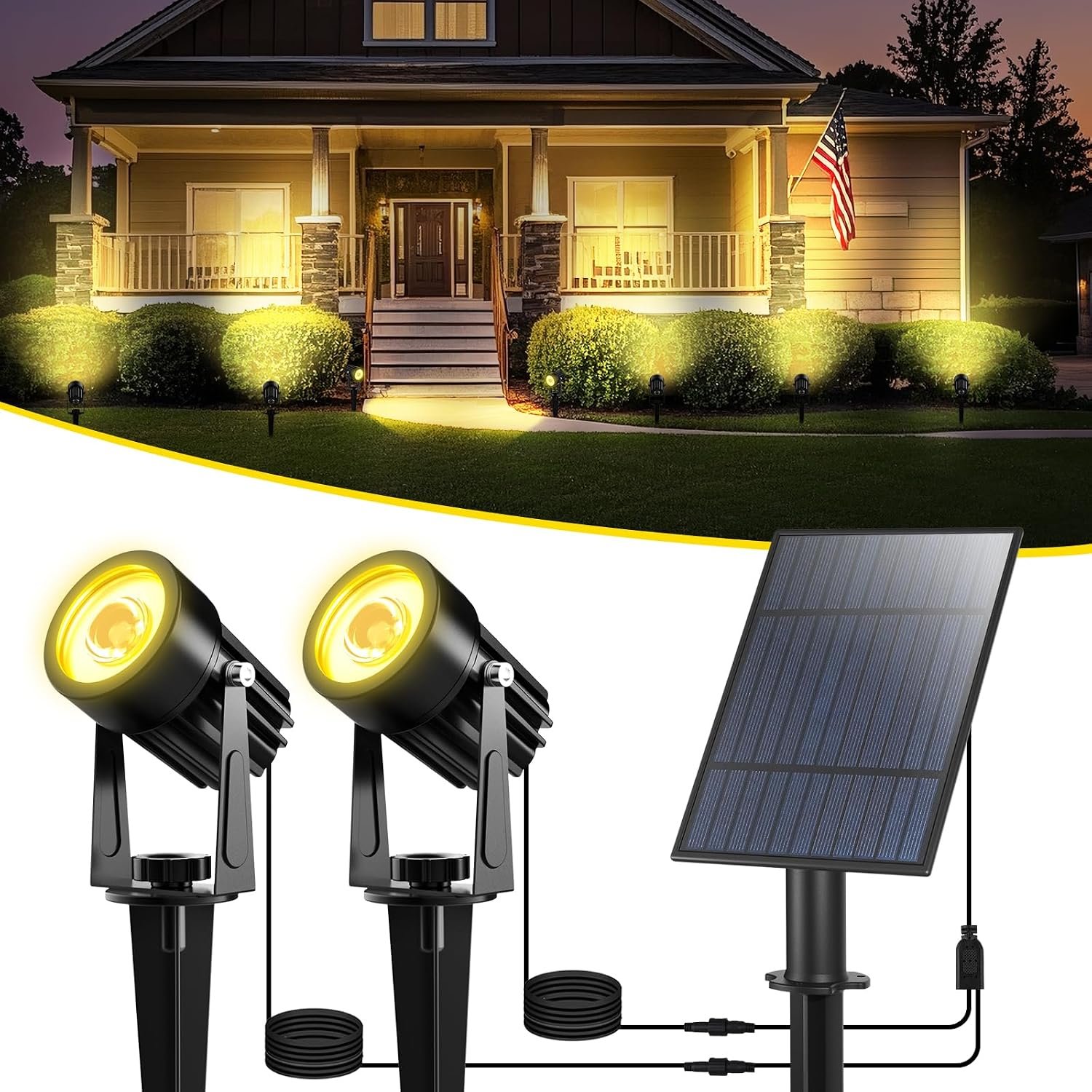 T-SUN Solar Spot Lights Outdoor, Dual Head Solar Spotlights, Warm White | IP65 Waterproof, 2 Brightness Modes, Dusk to Dawn Solar Uplights for Garden, Yard, Pathway, Patio, Lawn