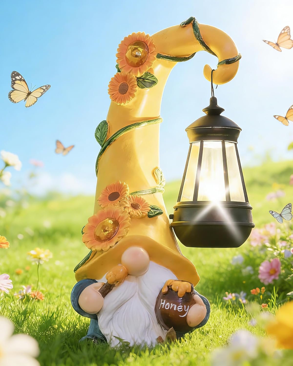 twinbling Birthday Gifts for Women Mom – Garden Gnome Statue with Solar Lights Large Garden Sculptures Funny Bee Gnome Outdoor Patio Lawn Yard Garden Decor 12 in Summer Gnomes Outdoor
