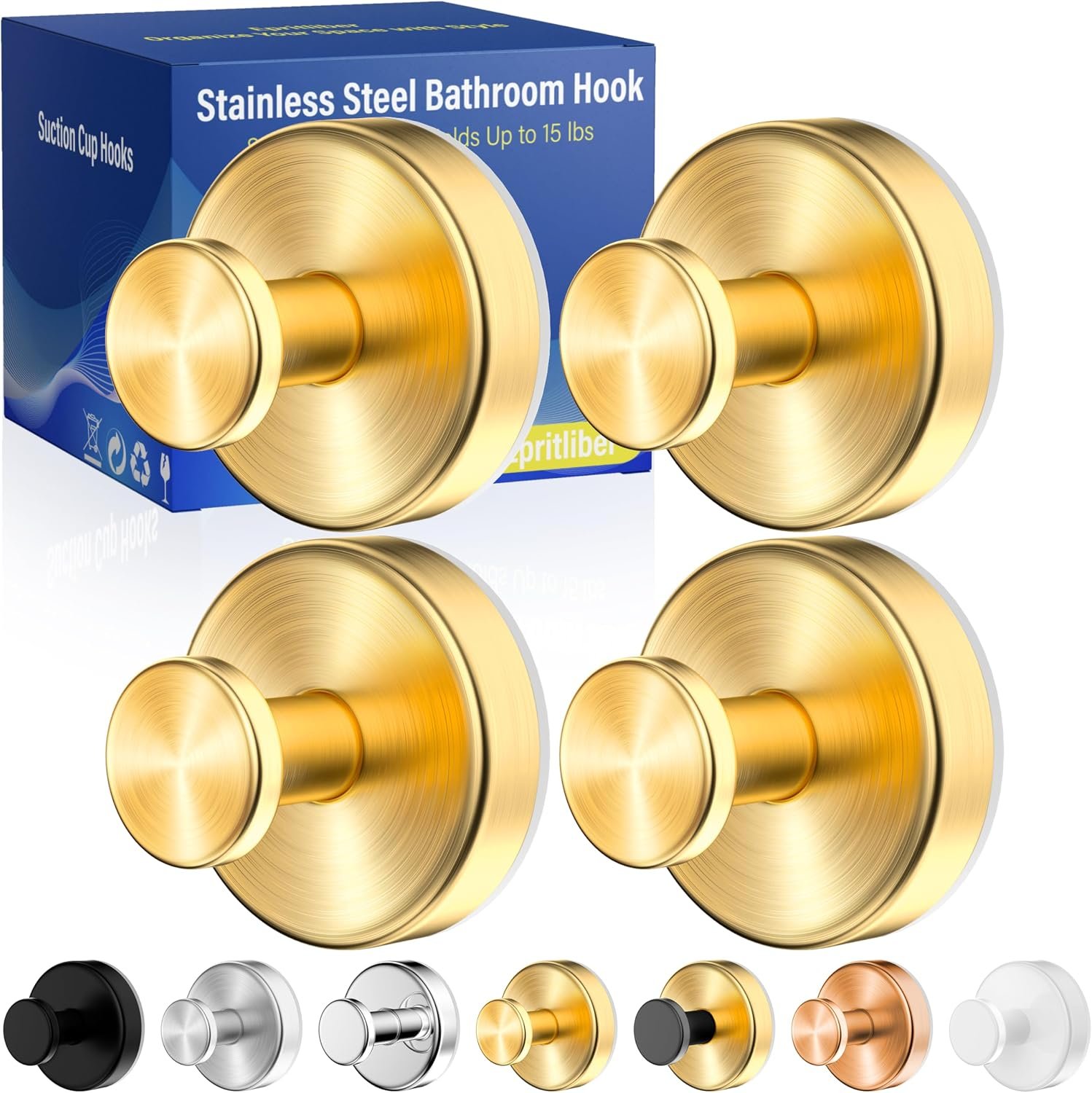 Upgraded Suction Cup Hooks ,Wreath Hooks Hanger for Front Door,Gold 4 Pcs | Removable,No Drill,Waterproof,Hang Towel Loofah,Strong Suction 15 lbs Metal Hook for Inside Shower Bathroom Wall Glass Door