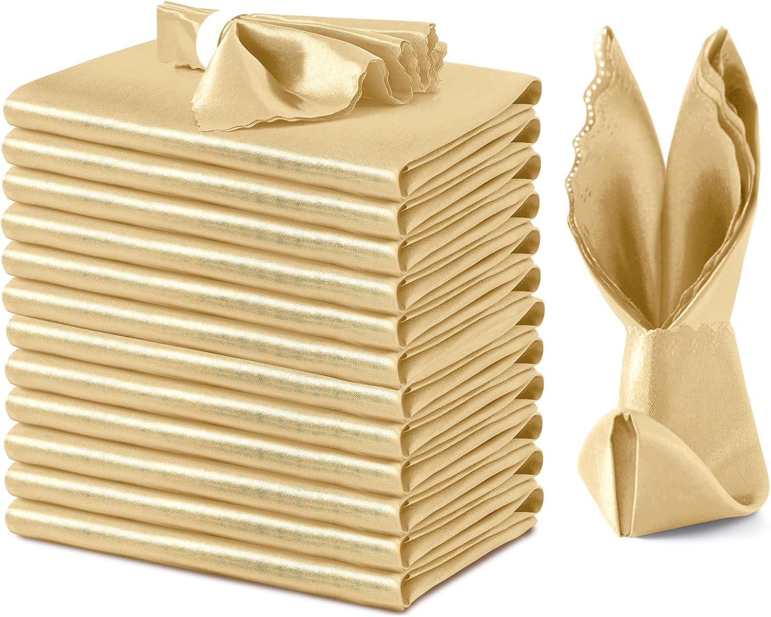 VACVELT 12 Pack Gold Scalloped Satin Napkins 12×12 Inch Wedding | Scalloped Floral Edges With Silky Smooth Finish, Seamless Design, Machine Washable Wrinkle And Fade Resistant