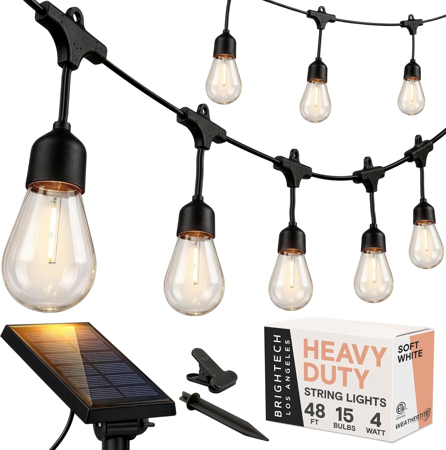 Brightech Ambience Pro – 48 Ft Waterproof, Solar Power Outdoor String Lights – 1W LED Hanging Edison Bulbs Create Bistro Ambience in Your Yard – Commercial Grade, Shatterproof – 15 Lights, Soft White