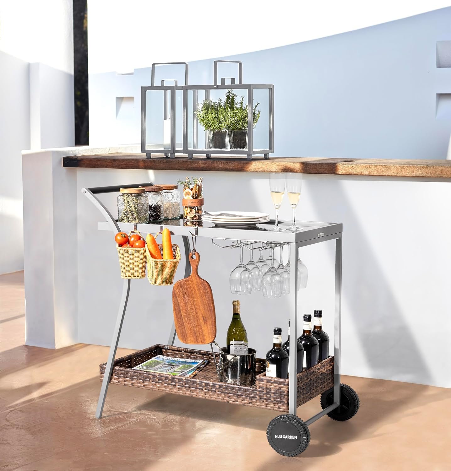 Outdoor Rolling Bar Cart with 2-Tier, Glass & Wicker Shelves Durable Steel Frame Front Wheels Wine Rack, Weather-Resistant Serving Cart for Patio, Garden, Poolside, Gray