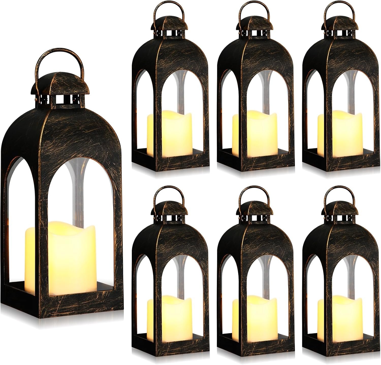 Tujoe 6 Pcs 10 Inch Decorative Candle Lantern Bulk for Wedding Centerpieces Lanterns with LED Flameless Candle Indoor Outdoor Hanging Lights for Wedding Party, Battery Included (Dark Bronze)