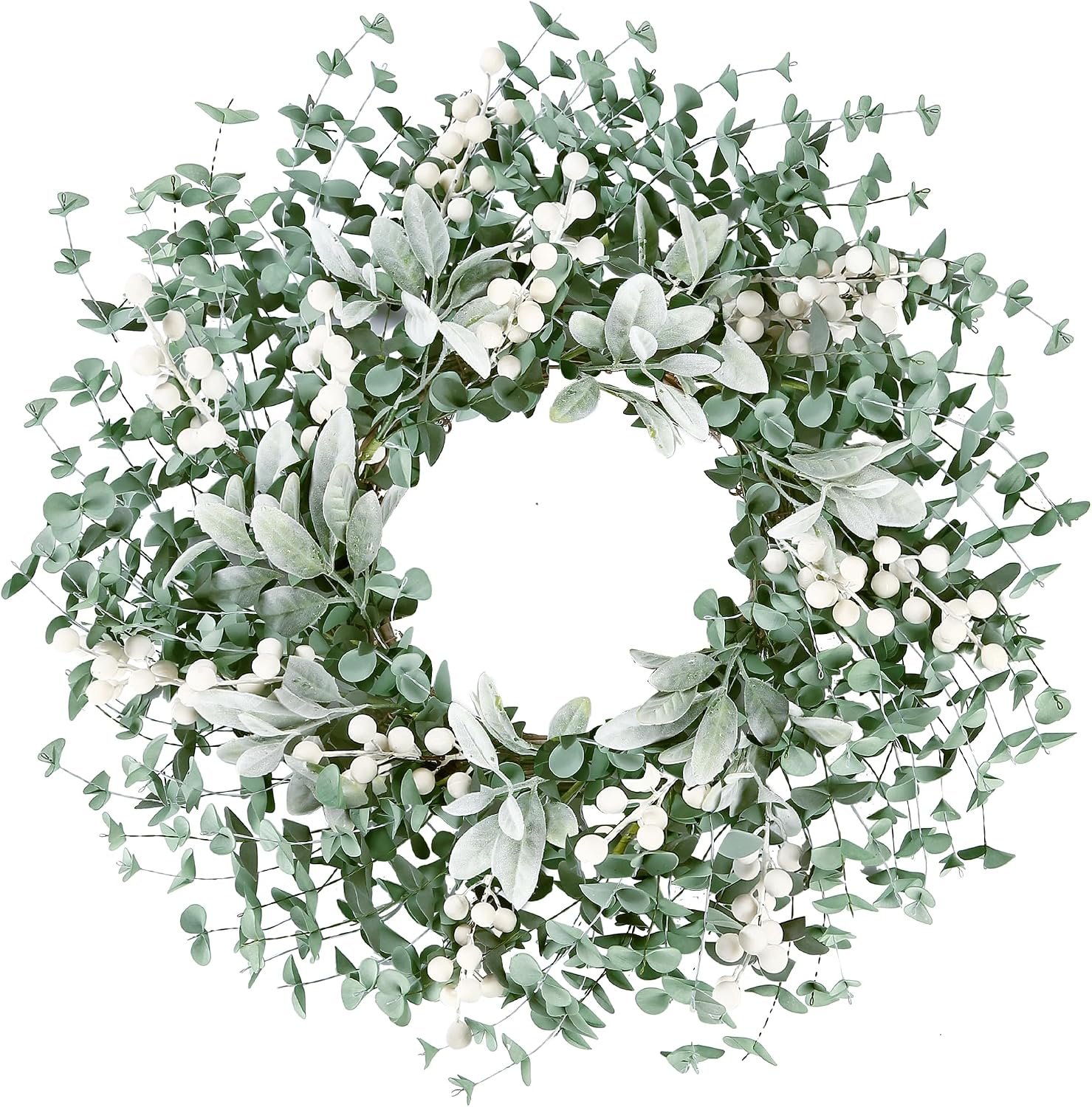 Sggvecsy Artificial Greenery Leaves Wreath for Front Door 22 Inch Greenery Boxwood Wreath with Flocked Lambs Ear White Berries for Spring Summer Farmhouse Wall Home Indoor Outdoor Decor