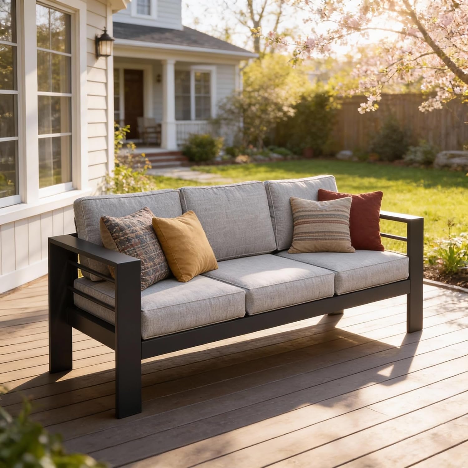 Kiss the Water 3 Seats Aluminum Outdoor Patio Sofa Set, All Weather Rust-Proof Metal Patio Couch, Modern Outdoor Furniture for Backyard Porch Garden, 5″ Thick Waterproof Olefin Cushions, Light Grey | All-weather rust-proof aluminum frame with 5″ thick olefin cushions, ideal for patio, backyard, or porch. Modern design.