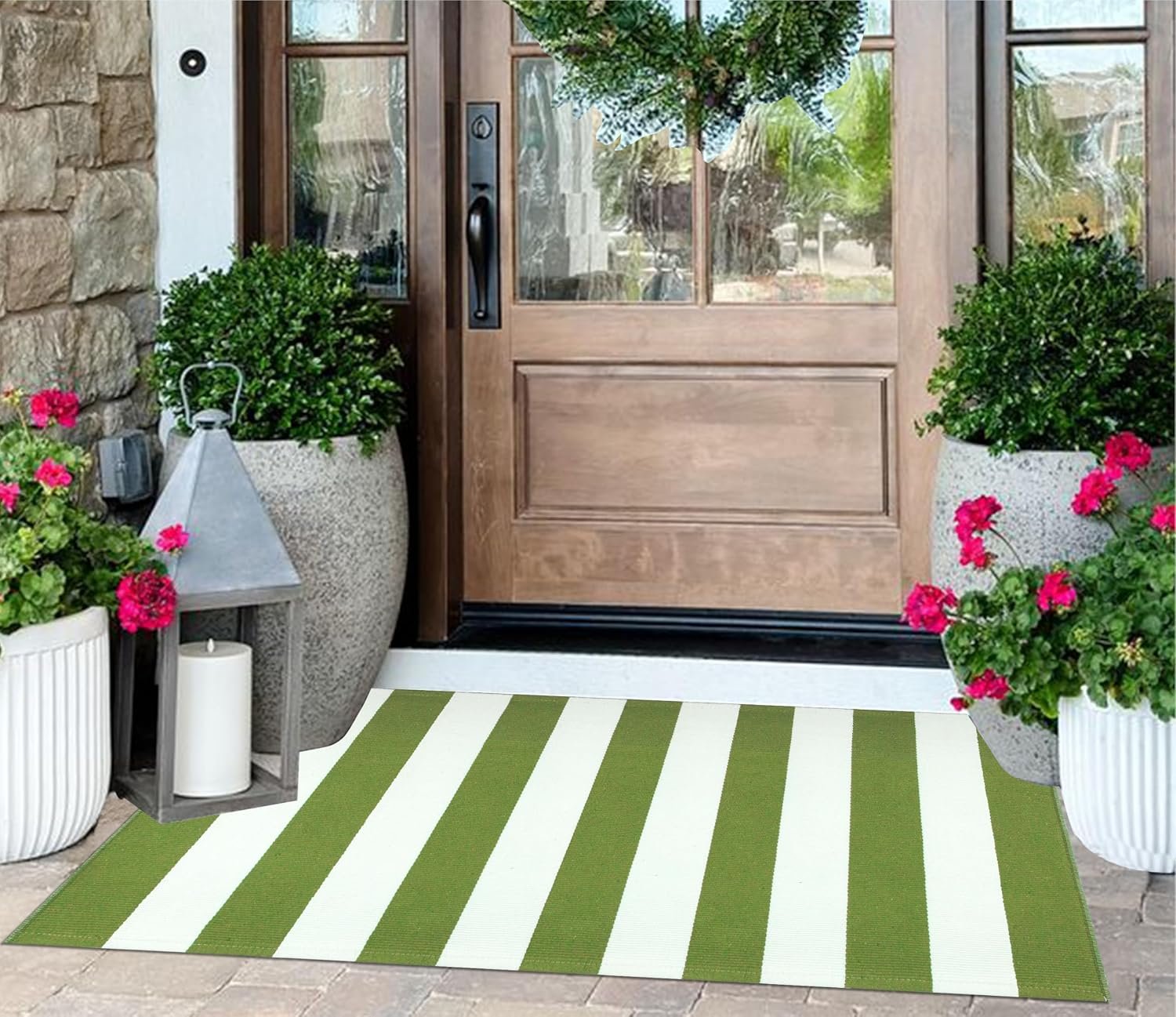 Front Porch Rug 24″x51″,Green and White Striped Washable Outdoor Rug | Cotton Woven Layered Doormat Farmhouse Entryway Rug For Porch Home Entrance Decor