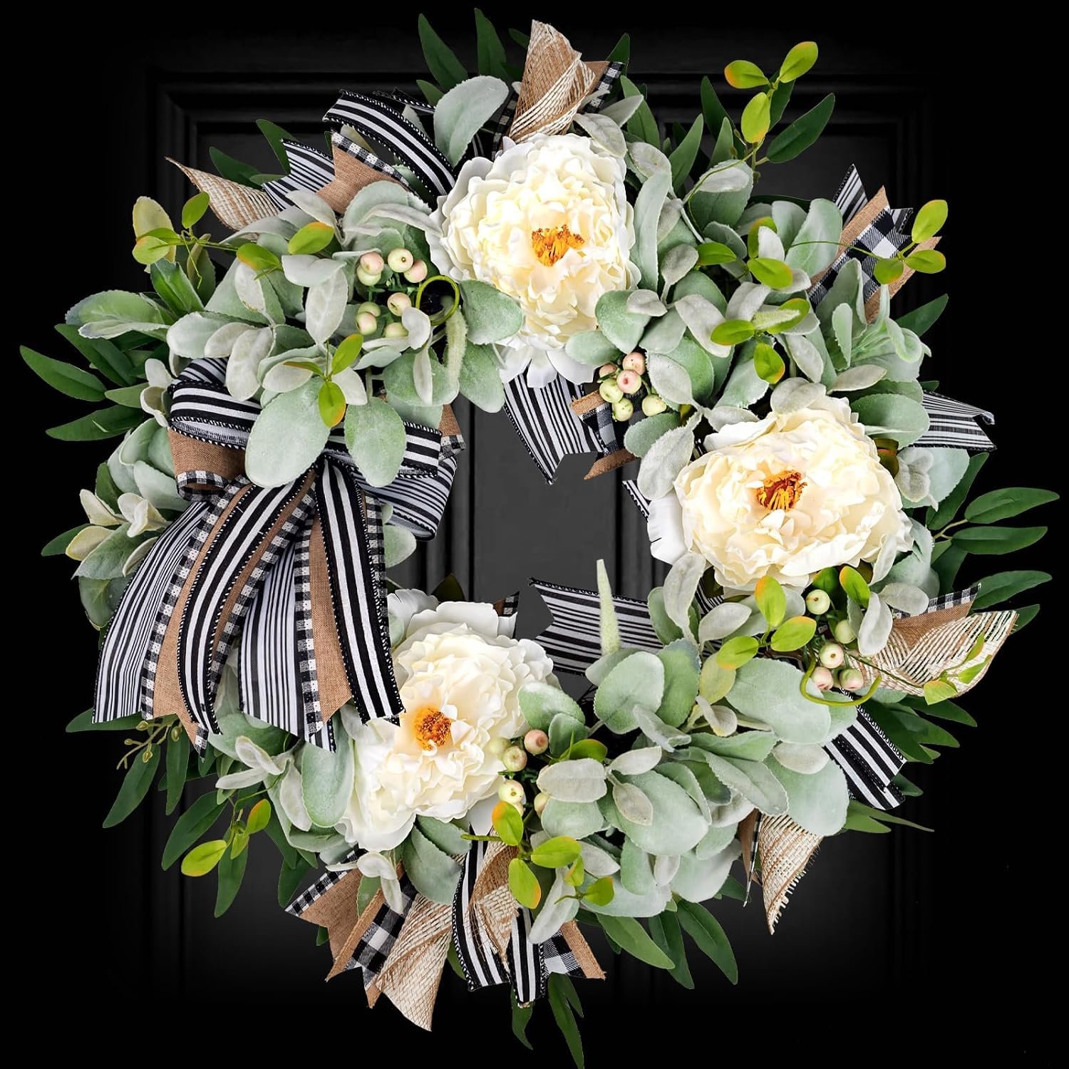 Lambs Ear Wreaths for Front Door Year Round Outside, 20” Artificial Spring Summer Wreath with Peony Buffalo Bow Green Handmade Farmhouse Home Decor